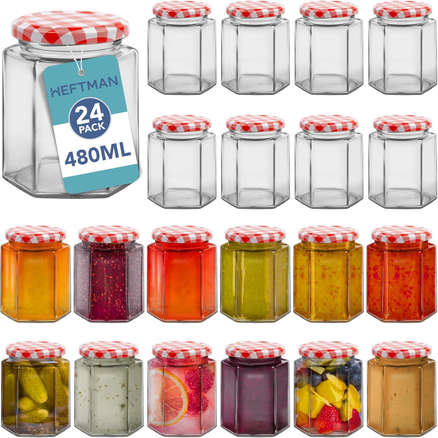 Small Glass Jars with Lids - 24 Pack Airtight 480ml Jam Jars with Red Gingham Lids for Use as Pickling Jars, Glass Jars for Candle Making, Preserving Jars - Hexagonal Small Jars (Empty)