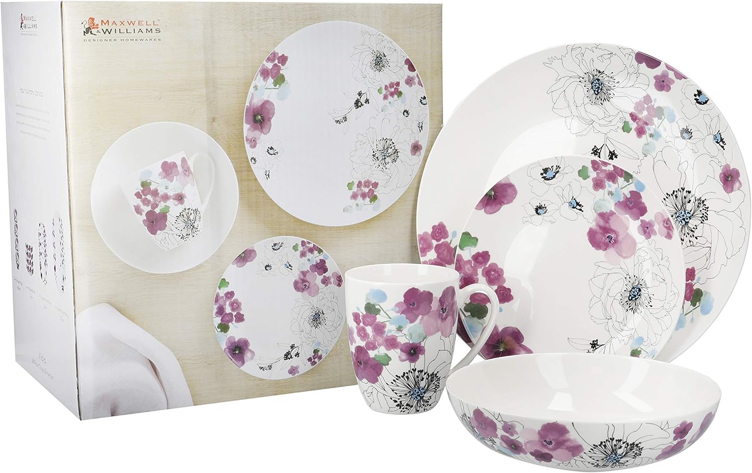 Maxwell & Williams FX0311 Viola 16 Piece Dinner Set in Gift Box, Porcelain, White, Service for 4