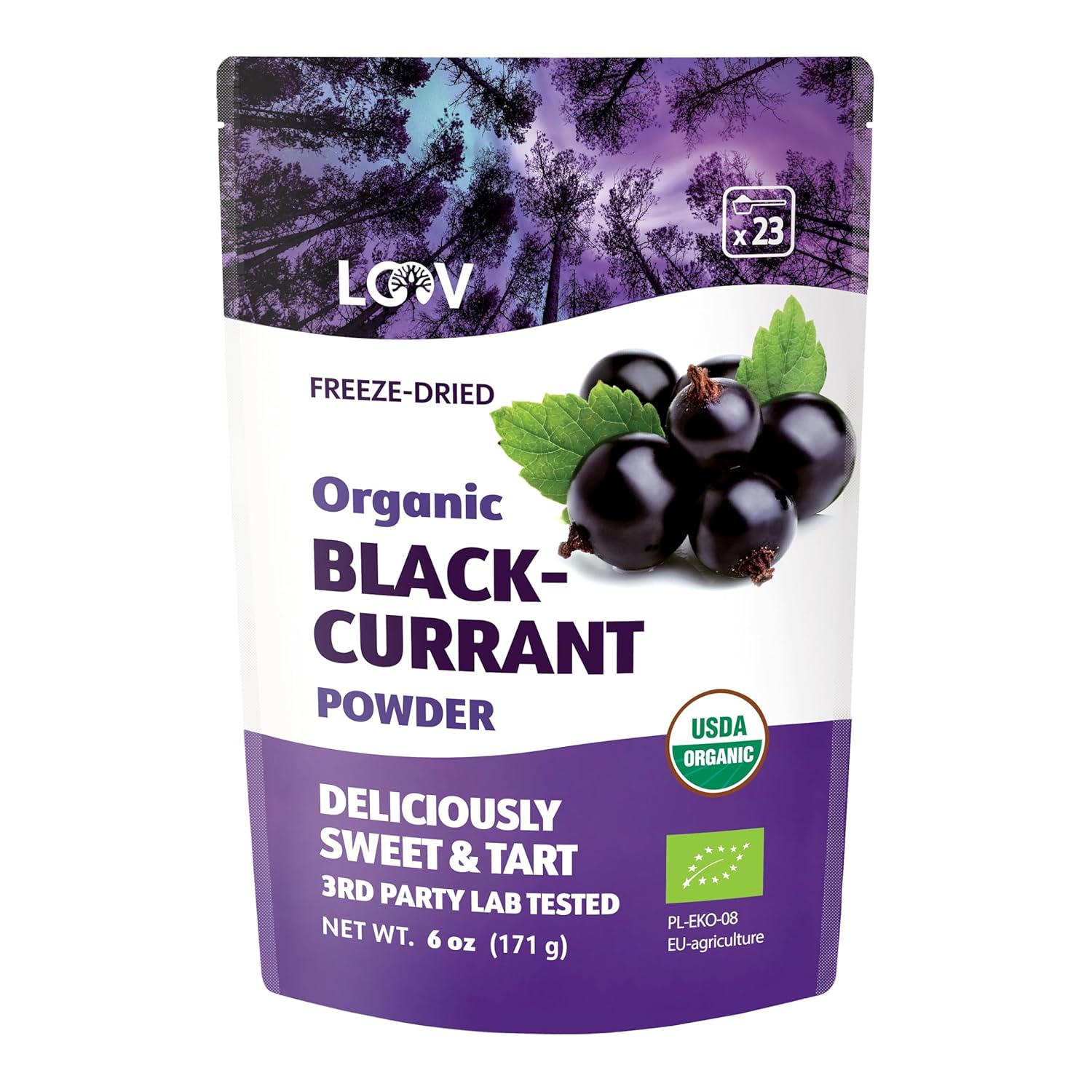 LOOV Blackcurrant Powder Organic, Made from 100% Whole Blackcurrants, Freeze Dried and Powdered Organic Blackcurrants, 6 Ounces, 23-Day Supply, Grown in Northern Europe, no Added Sugar