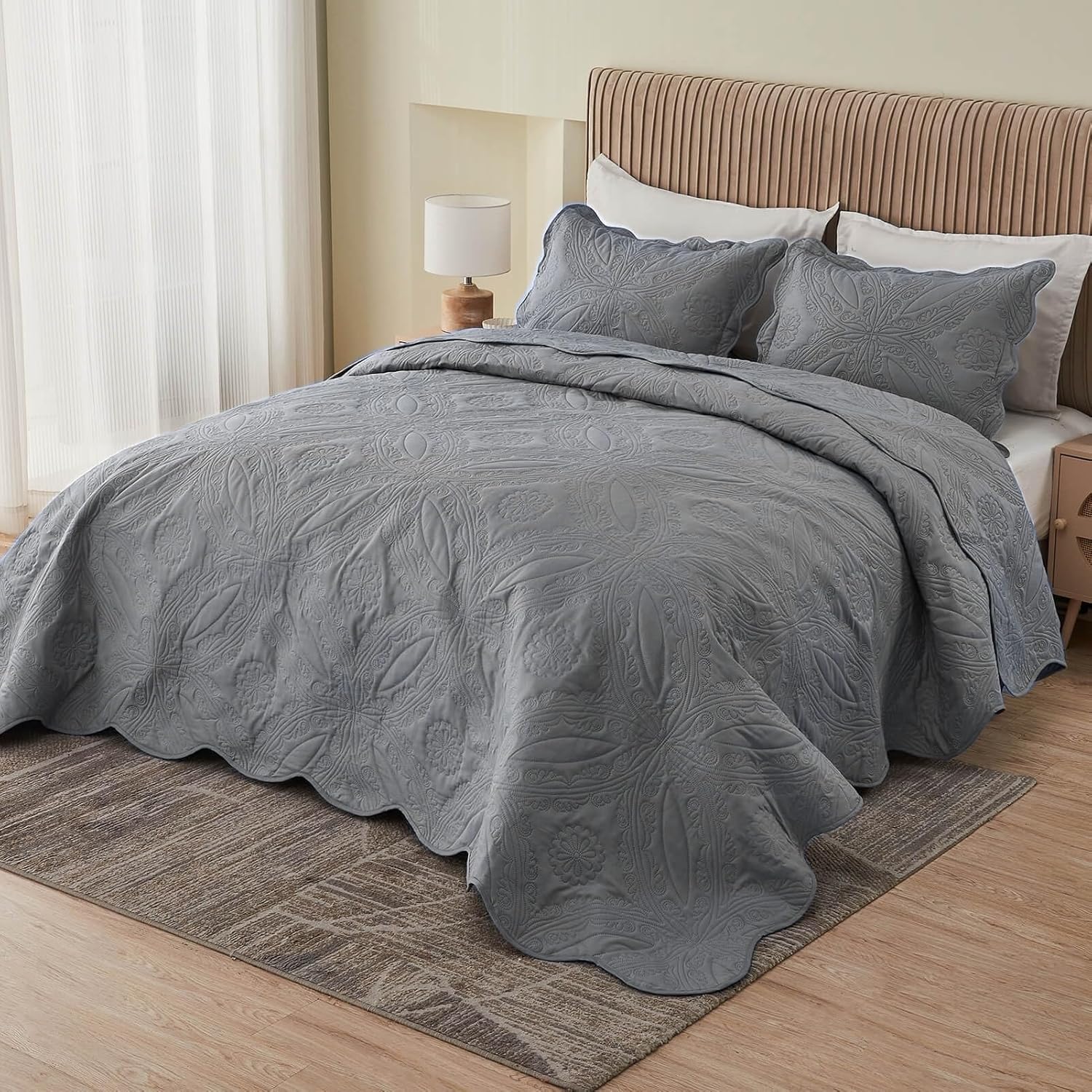 Oversized Cal King Bedspreads 120x120 for Extra Tall Split California King Bed Lightweight Quilted Coverlet Set 3 Pieces 1 Quilt 2 Pillow Shams Grey