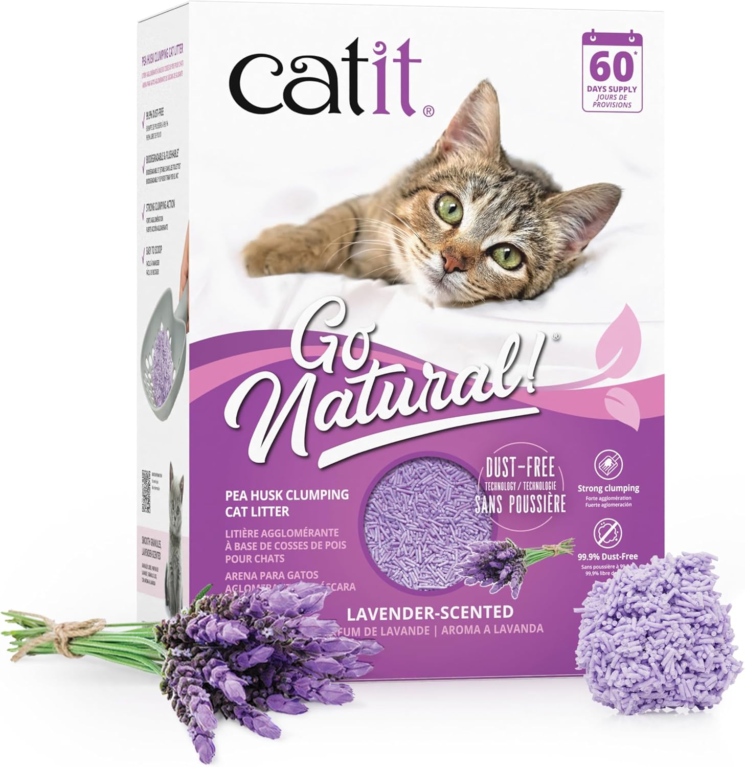 Catit Go Natural Lavender Scented Pea Husk Clumping Cat Litter, Deodorising, 99.9% Dust-Free, Fast Clumping Cat Litter, Plant-Based Litter for Cats & Kittens, 5.6kg (2 x 2.8kg)