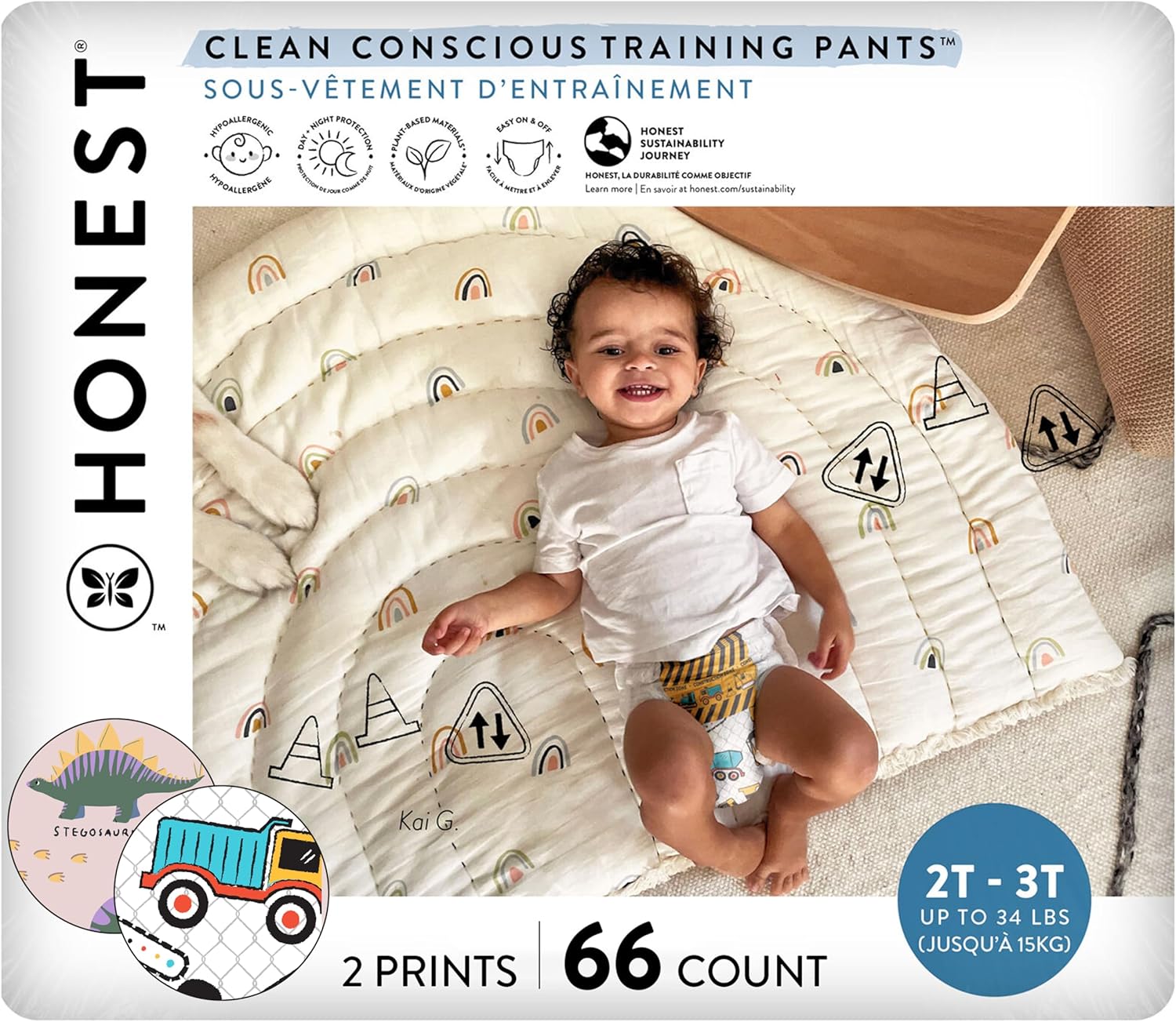 The Honest Company Clean Conscious Training Pants for Sensitive Skin | Hypoallergenic, Fragrance Free | Rompin' & Stompin' + Diggin' It | Size 2T/3T (up to 34 lbs), 66 Count