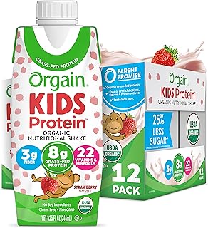 Orgain Organic Kids Nutritional Protein Shake, Strawberry, Healthy Kids Snacks, 8g Dairy Protein, 3g of Fiber, 22 Vitamins & Minerals, No Soy ingredients, Gluten Free, Non-GMO, 8.25 Fl Oz (Pack of 12)