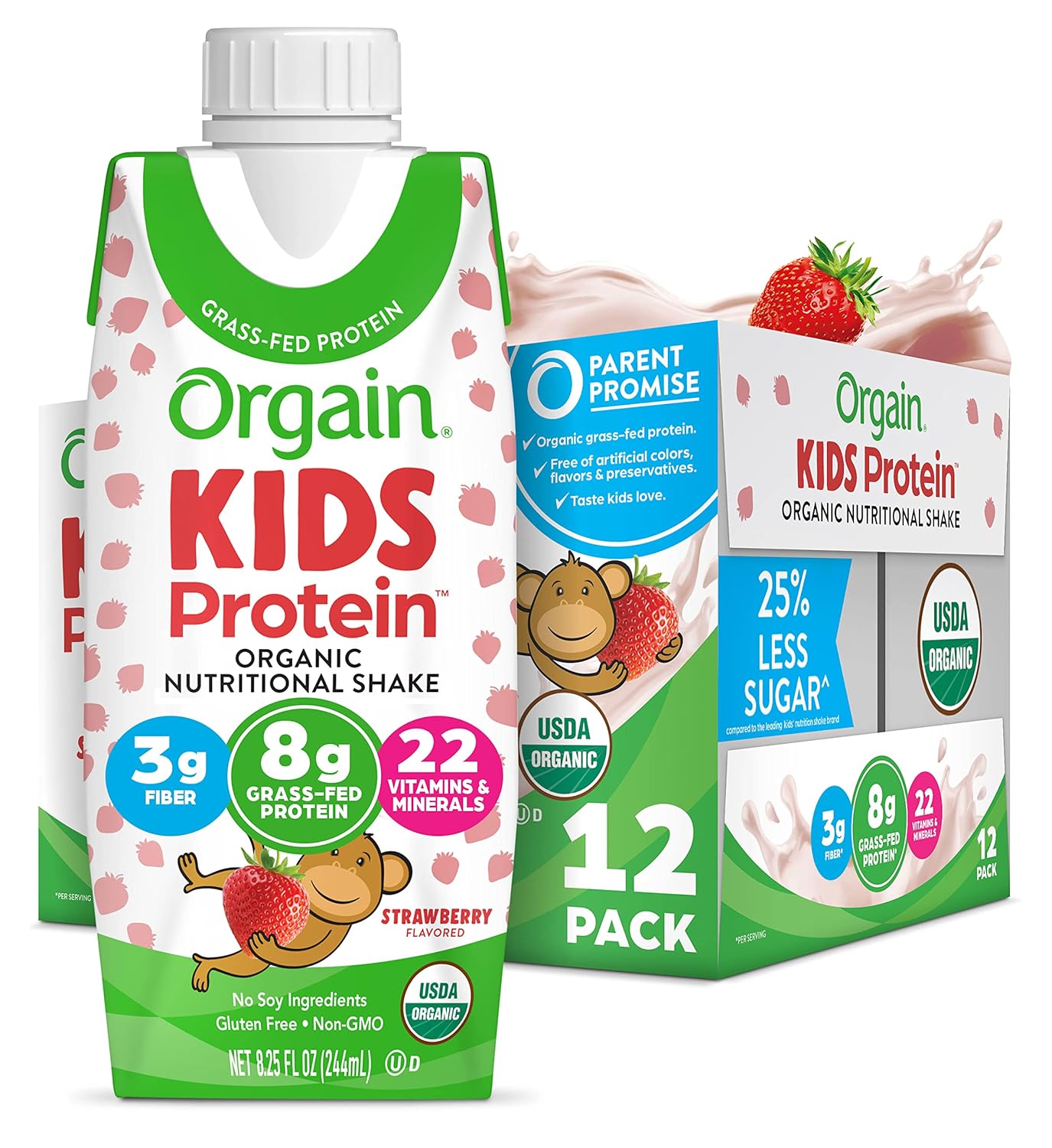 Orgain Organic Kids Nutritional Protein Shake, Strawberry, Healthy Kids Snacks, 8g Dairy Protein, 3g of Fiber, 22 Vitamins & Minerals, No Soy ingredients, Gluten Free, Non-GMO, 8.25 Fl Oz (Pack of 12)