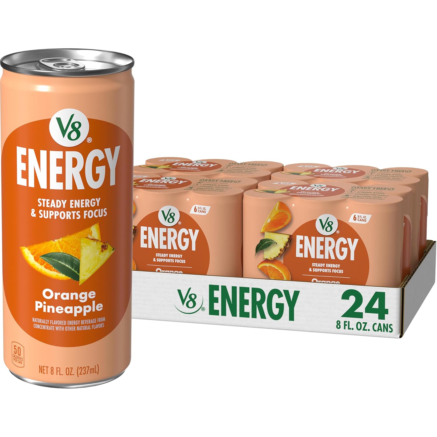V8 +Energy Orange Pineapple Juice Energy Drink, 8 fl oz Can (24 Pack)