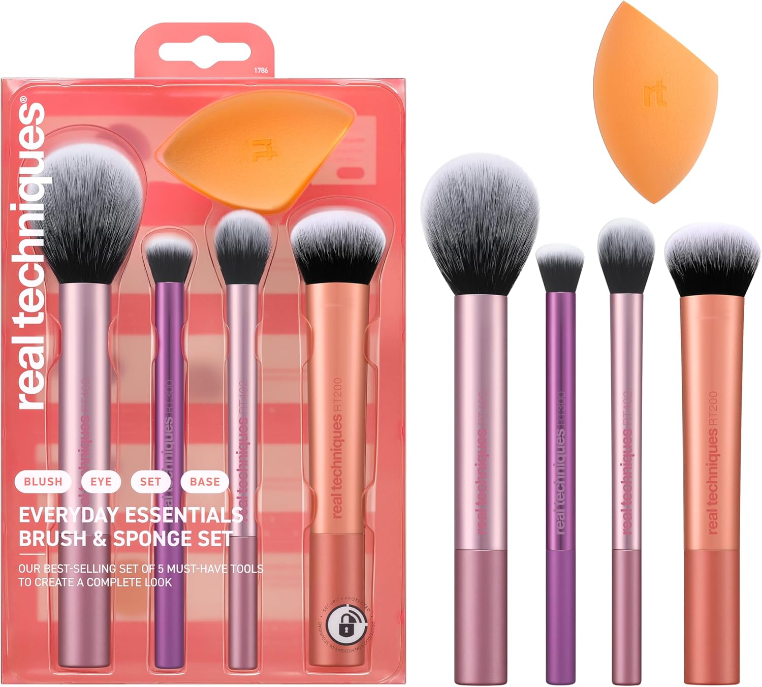 Real Techniques Everyday Essentials + Makeup Sponge Kit for foundation, blush, bronzer, eyeshadow, powder, synthetic, cruelty-free tools and blender for flawless looks, 5 Piece Set