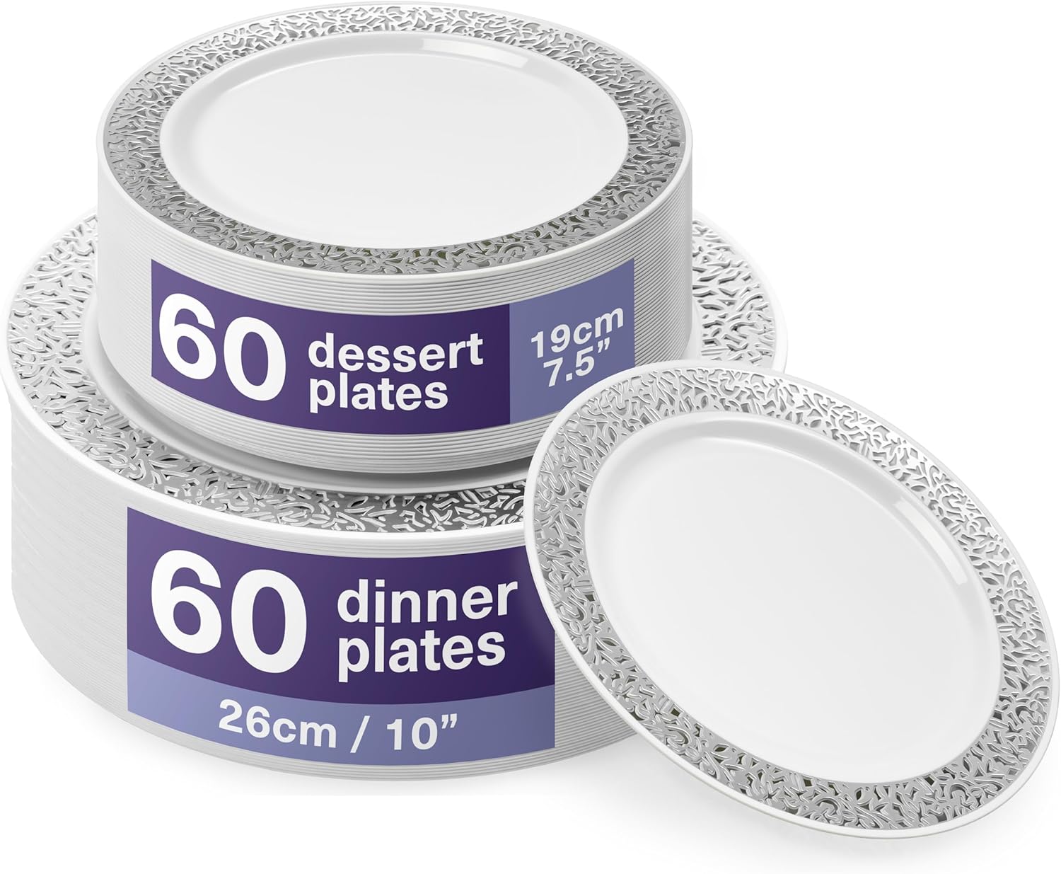MATANA 120 Premium White Plastic Plates With Silver Lace Rim - 60 26cm Dinner, 60 19cm Dessert - Elegant & Reusable for Weddings, Birthdays, BBQ, Parties