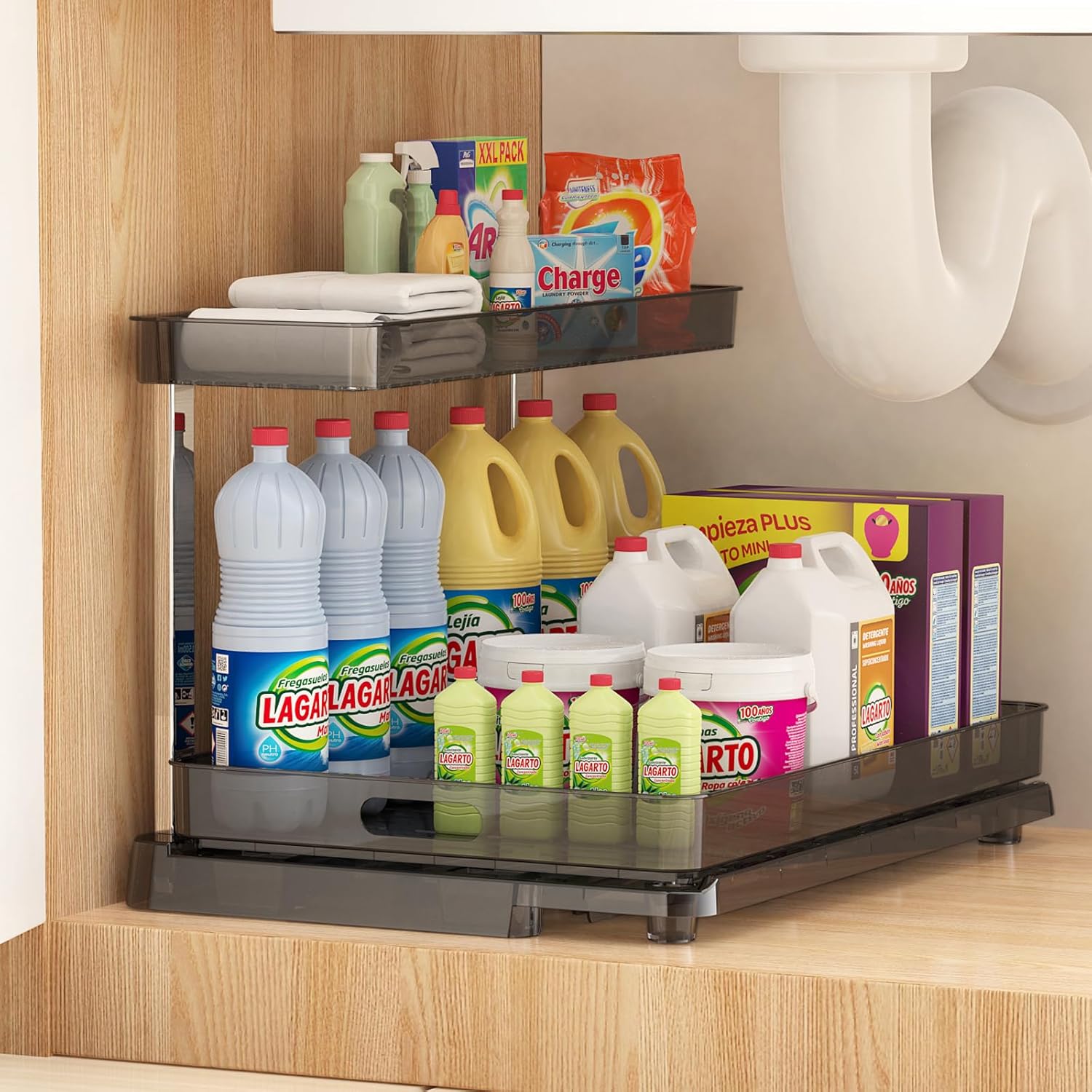 Accwork Under Sink Storage, 2 Tier Under Sink Kitchen Organiser with Pull-Out Bottom Basket, Cupboard Organiser for Bathroom Kitchen Storage & Organisation, Grey