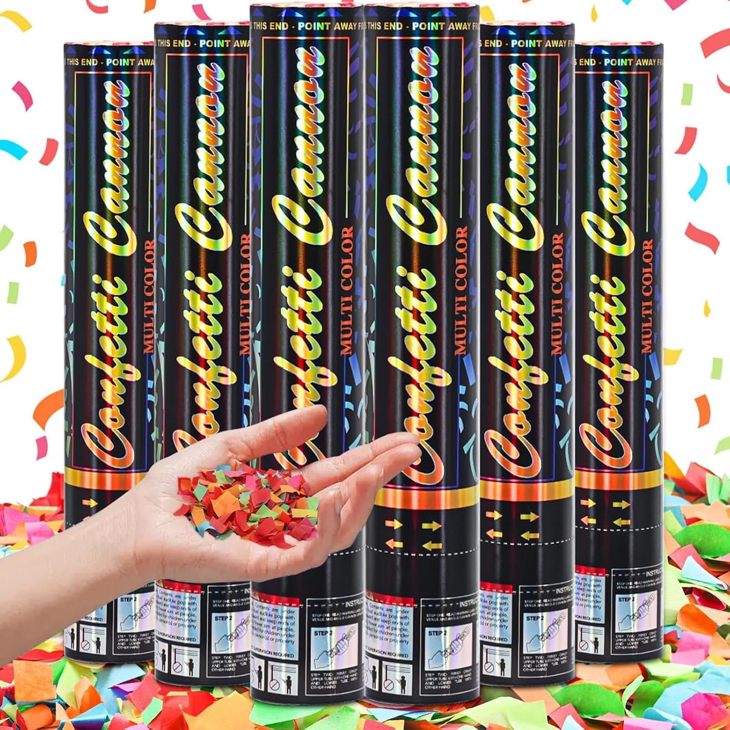 Confetti Cannon 12Inch Poppers 6Pack Biodegradable for Party Celebrations, Birthdays, Weddings & More