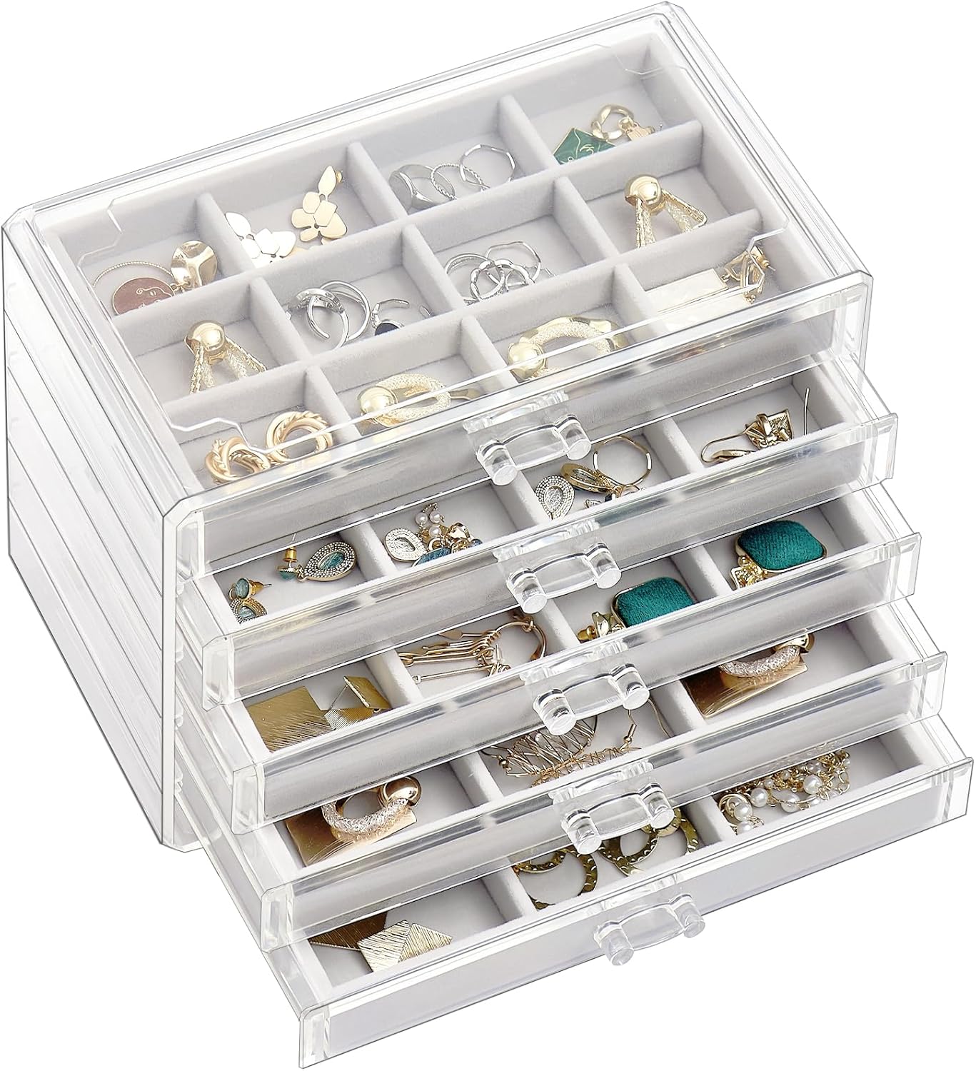 ProCase Earring Holder Organizer Jewelry Box with 5 Drawers, Acrylic Clear Earring Case with Adjustable Velvet Trays for Women - Grey, 5 Layers