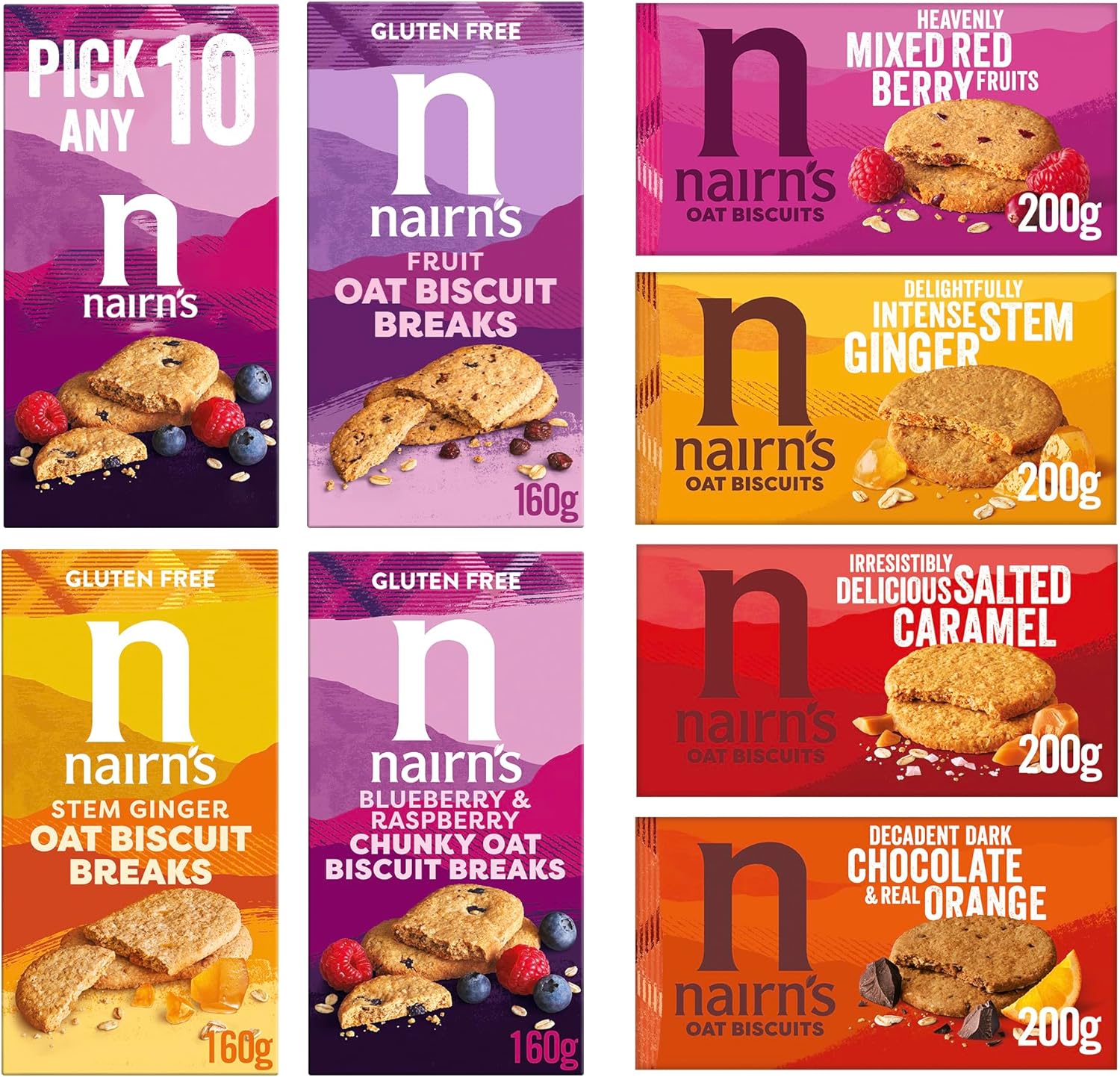 Nairn's PICK ANY 10 Gluten Free & Non Gluten Free Oat Biscuits. Flavours inc. Chocolate chip, cheese, fruit and seed, Stem Ginger, Mixed Berries, Salted Caramel, Etc, 2200.gram