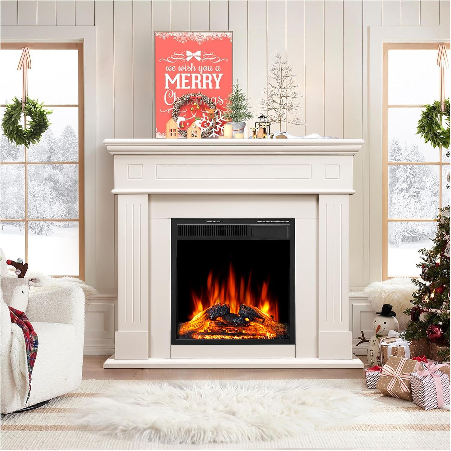 Electric Fireplace with Mantel Package Freestanding Fireplace Heater Corner Firebox with Log & Remote Control,750-1500W,Cream