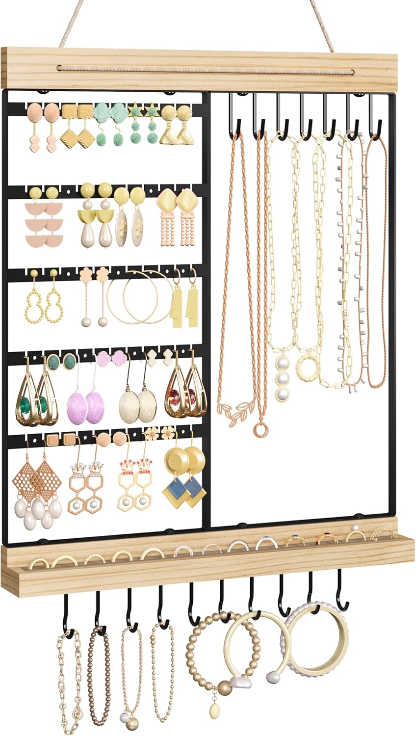 Hanging Jewelry Organizer, 5-Tier Wall Earring Holder with Wooden Ring Groove, Jewelry Rack Wall Mounted for Earrings, Necklaces, Bracelets and Rings, Jewelry Holder Stand, Black