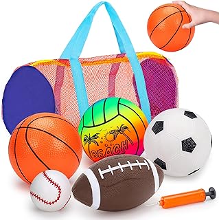 5 Pack Sports Balls Set for Kids with Bag Includes Football Soccer Basketball Baseball Volleyball Fun Indoor Outdoor Toys Sport Soft Bouncy Playground Kickball Hand Pump Toddler 1-3 2-4 3-5 5-7 Gifts