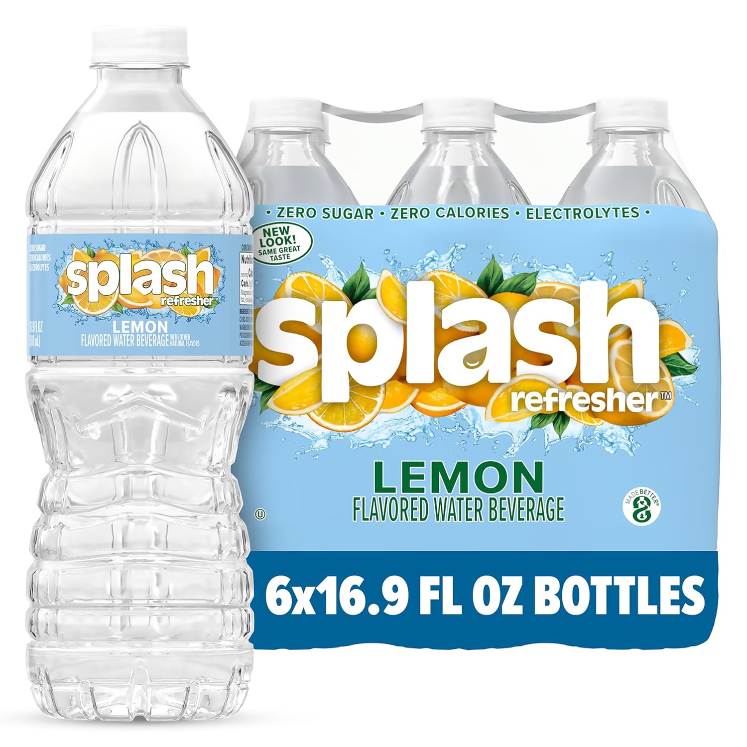 Splash Refresher Flavored Water Bottles, Lemon Flavor - 6-Pack, 16.9 Fl Oz - Refreshing Flavored Bottled Water with Electrolytes - Zero Sugar & Zero Calories