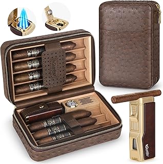 Scotte Cigar Humidor Box, Cigar Lighter Cedar Wood Lined Leather Cigar Case Built in Hygrometer & Humidifier, Torch Lighter with Cigar Holder Cigar Punch Portable Travel Cigar Humidor Kit(No Butane)