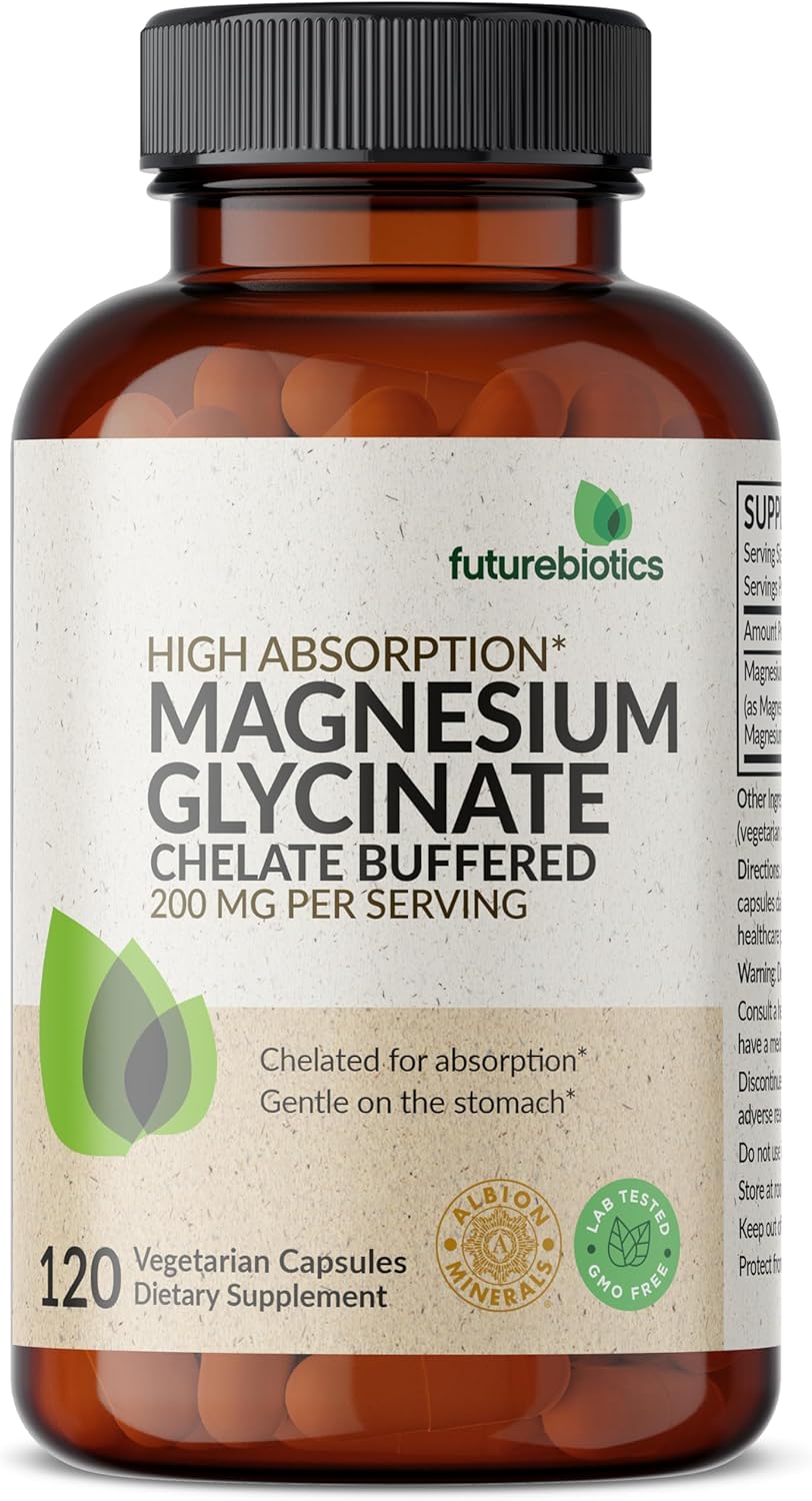 Futurebiotics Magnesium Glycinate 200 MG per Serving Chelated for High Absorption, Gentle On Stomach, Non-GMO, 120 Vegetarian Capsules