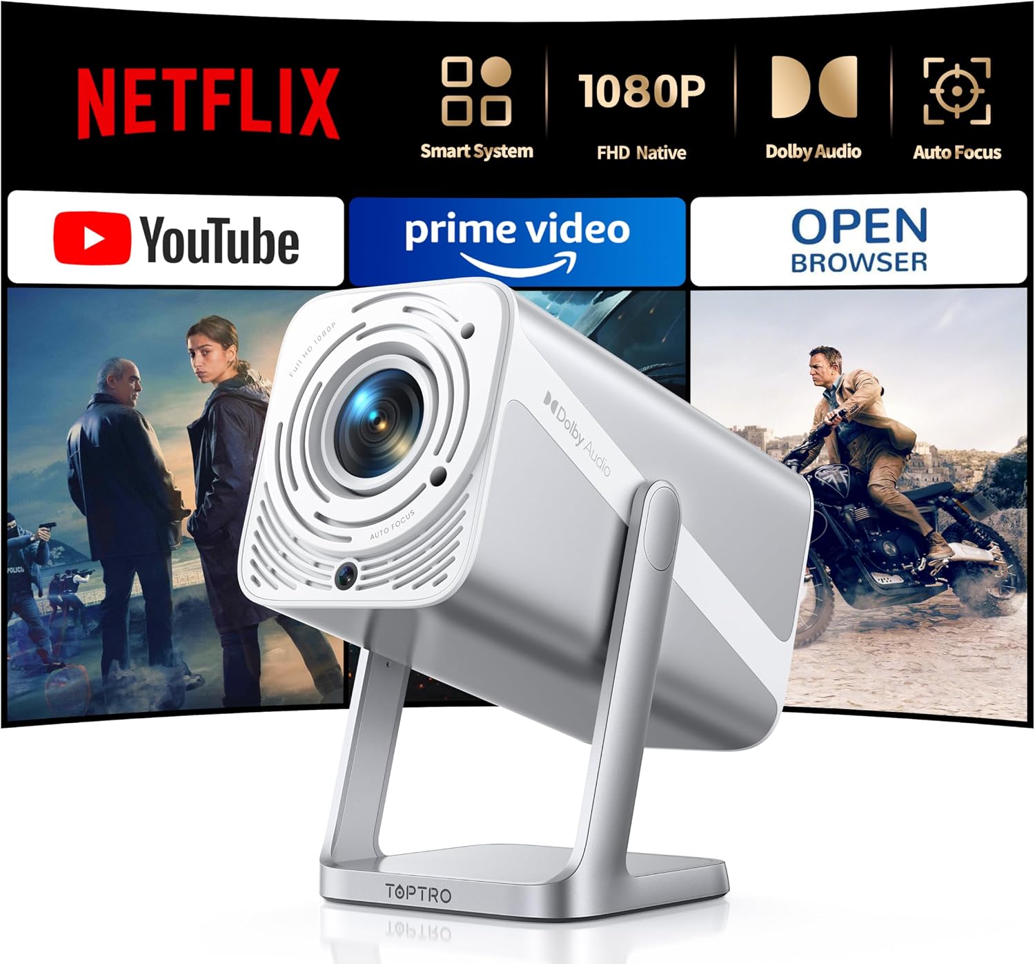 [4K Support/Auto Focus/360°Adjustable Stand]Smart-Projector-4K with WiFi 6 and Bluetooth5.2, Native 1080P Mini Portable Projector, Dolby Audio, TOPTRO Outdoor Movie Proyector Compatible with Netflix