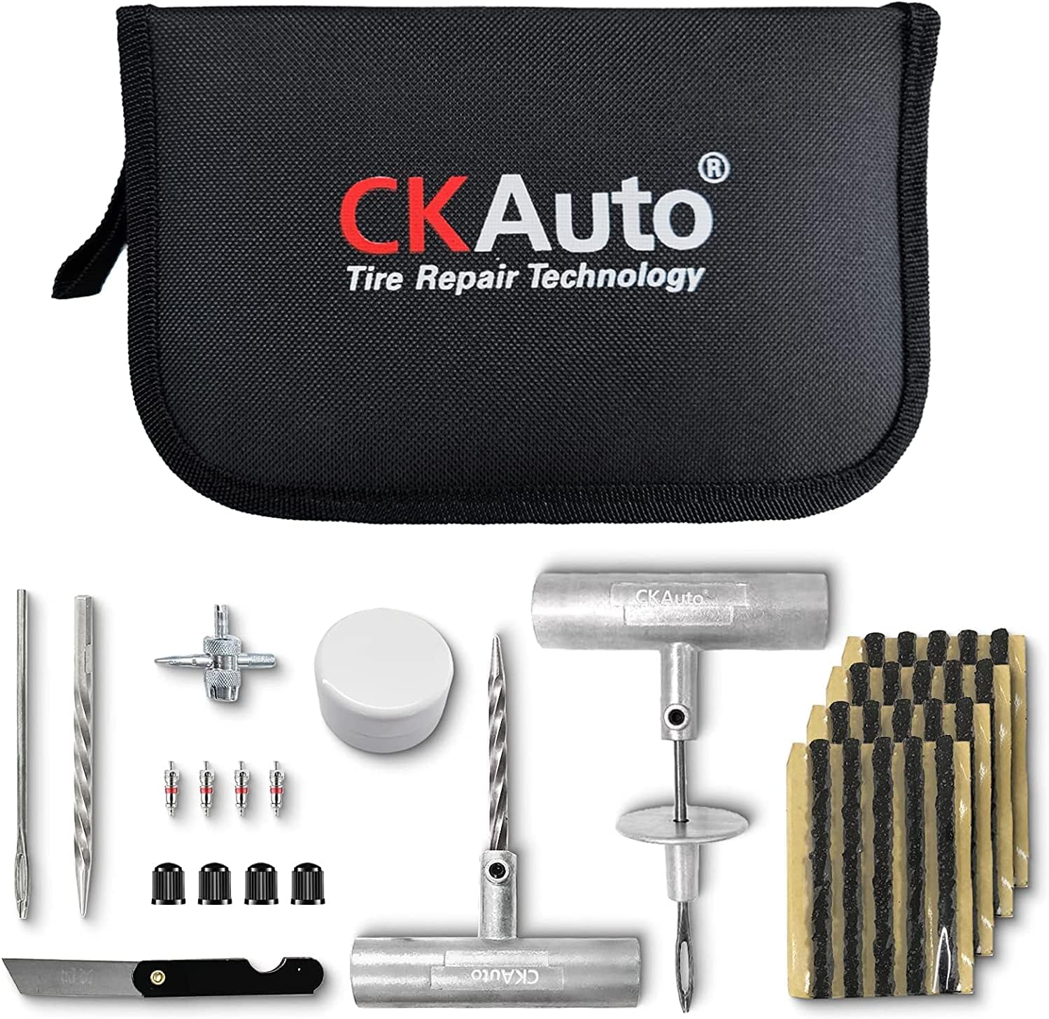 CKAuto Universal tyre Repair Kit, Heavy Duty Car Emergency Tool Kit for Flat Tyre Puncture Repair, 36 Pcs Value Pack, Tyre Plug Kit fit for Autos, Cars, Motorcycles, Trucks, RVs, etc.