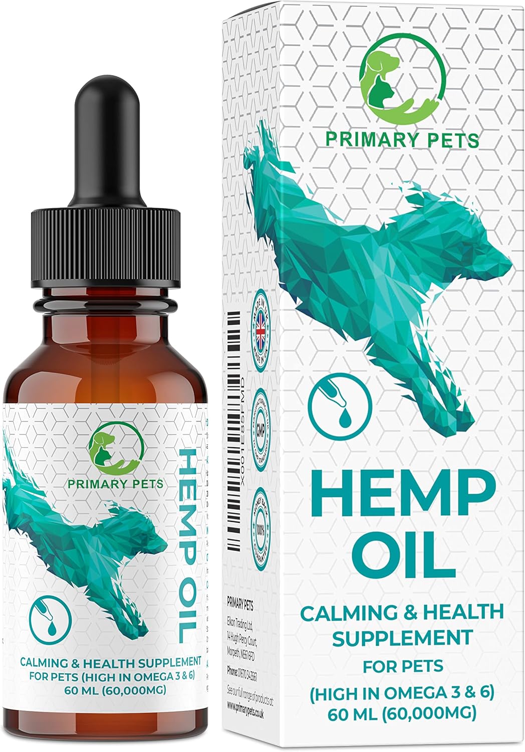 Hemp Oil for Dogs -100% Natural Hemp Seed Oil, Calming Drops 60,000mg, Rich in Omega 3 & 6 Fatty Acids, Hip & Joint Support