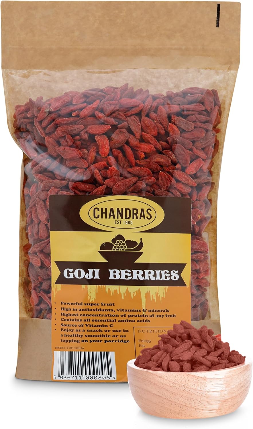 Chandra Whole Foods – Goji Berries 1KG - Low-GI Nutritious Super Fruit for Snacking, Smoothies, Baking & Cooking - Gluten-Free Vegan-Friendly, Rich in Protein & Vitamins & Antioxidant
