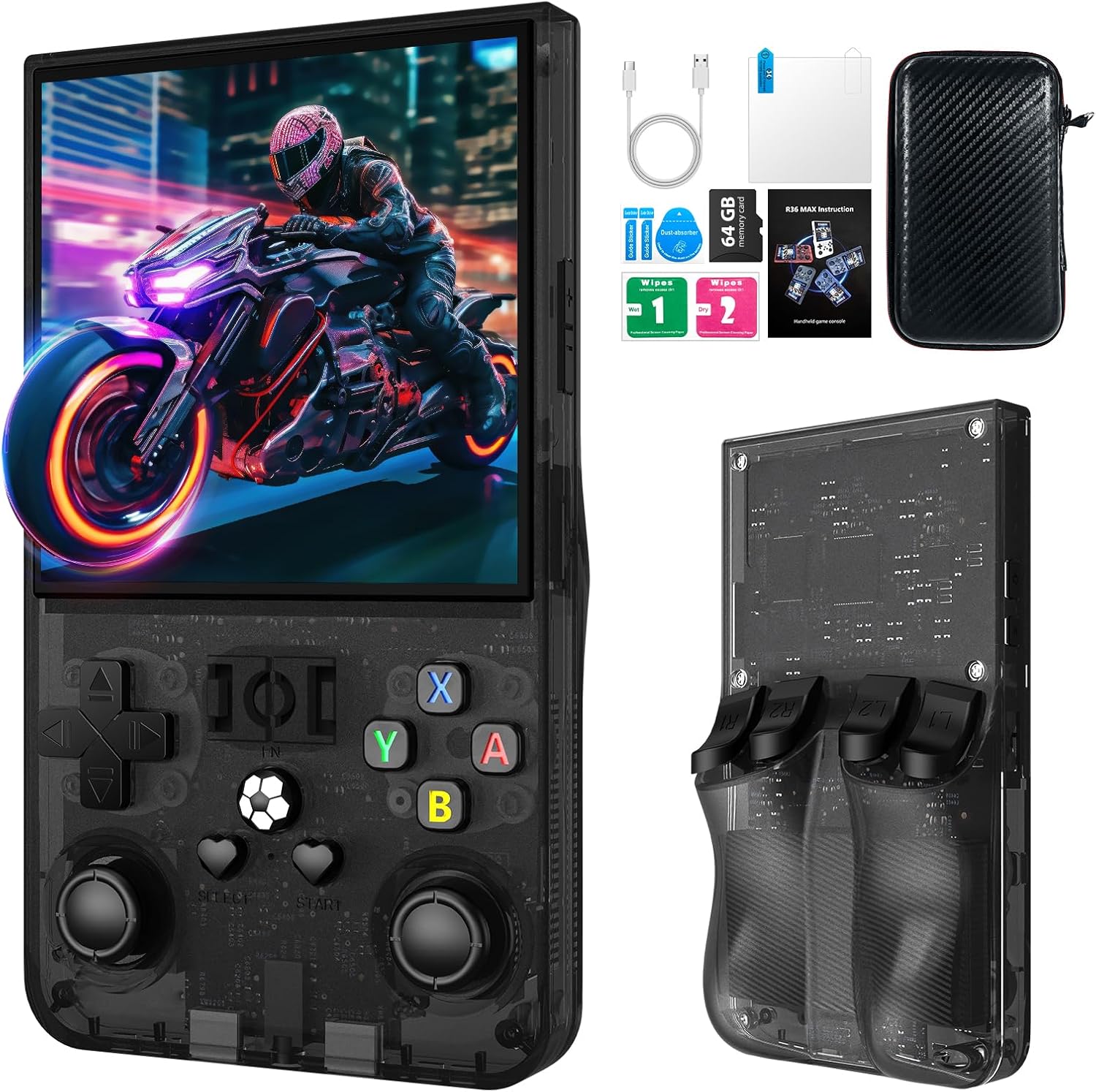 2025 New R36MAX Retro Handheld Game Console, 4.0 Inch IPS Screen Retro Gaming Console, Linux System, 4000mAh Battery Portable Pocket Mini Arcade, Built-in 64G, Black