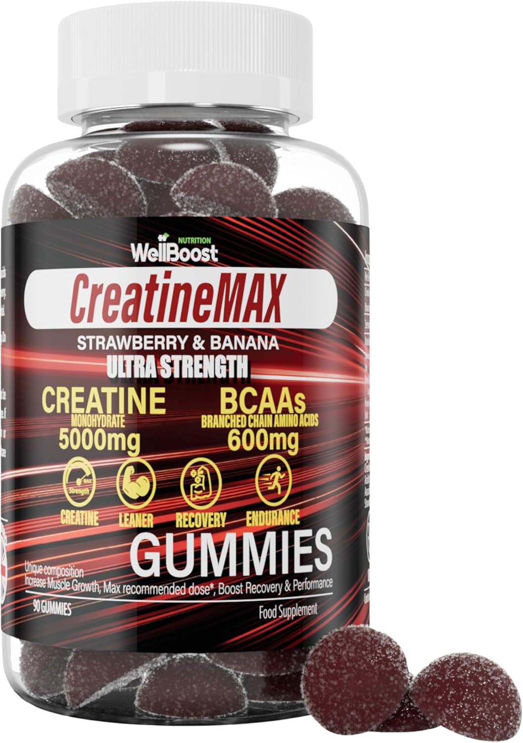 WellBoost Creatine MAX Gummies - 5000mg Creatine Monohydrate & 600mg BCAAs per Serving - Vegan, Sugar-Free Chewable Gummies with Strawberry & Banana Flavour - 90 Gummies (1 Month Supply)