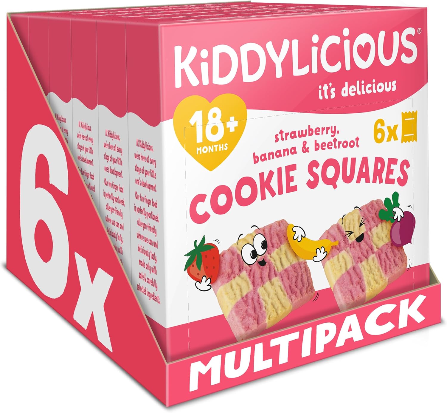 Kiddylicious Strawberry, Banana & Beetroot Cookie Squares - Delicious Snacks for Kids - Suitable for 18+ Months - 6 Packs of 6 (36 Total)