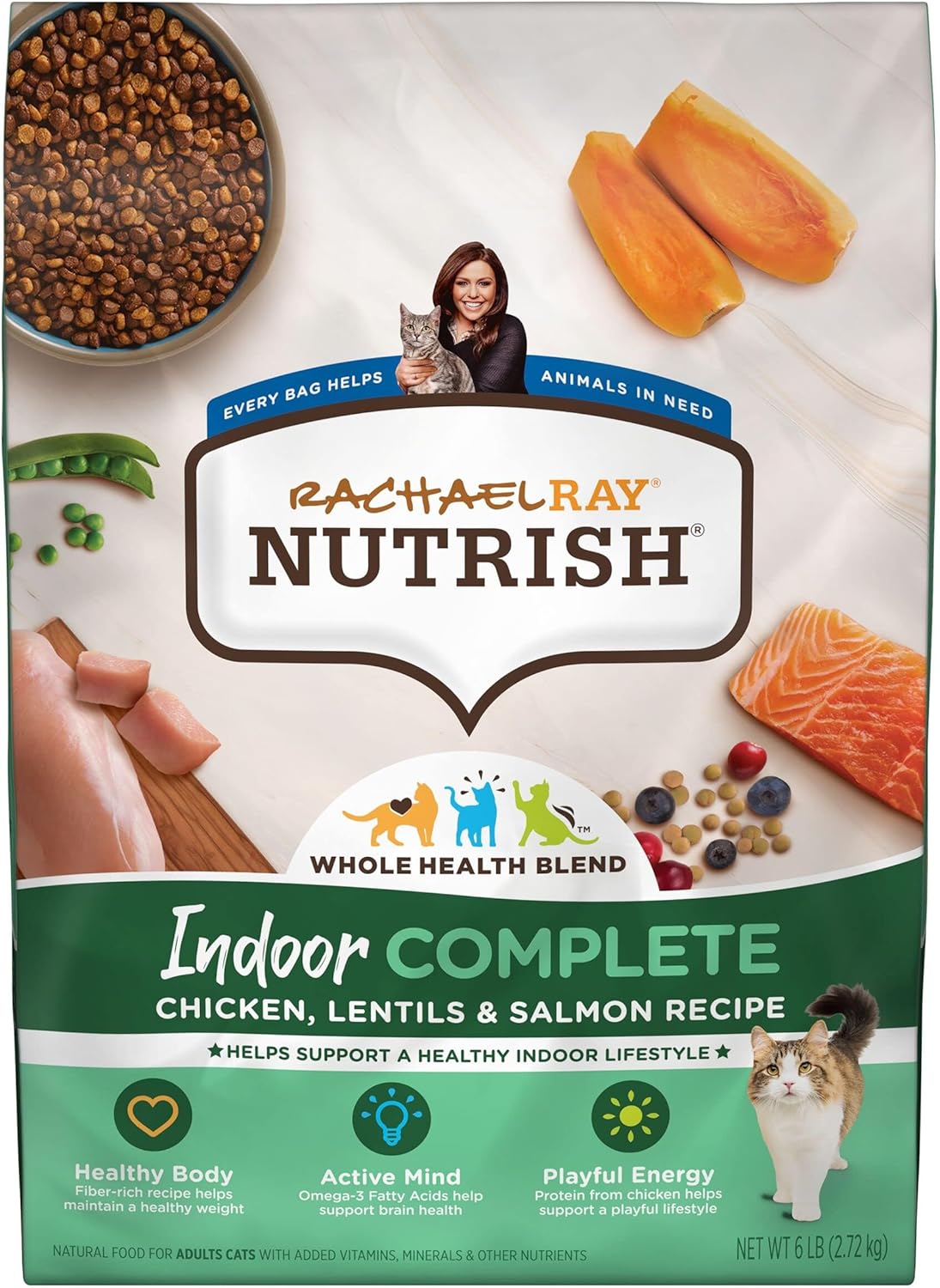 Nutrish Rachael Ray Indoor Complete Premium Natural Dry Cat Food with Added Vitamins, Minerals & Other Nutrients, Chicken with Lentils & Salmon Recipe, 6 Pounds (Packaging May Vary)