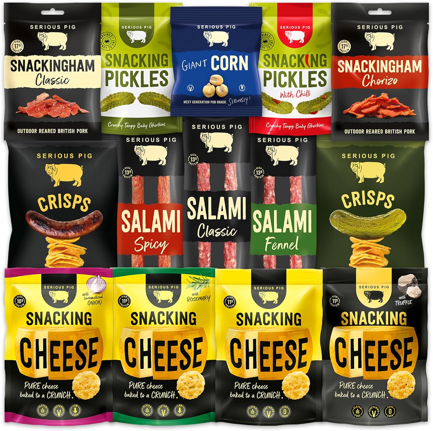 SERIOUS PIG | Gourmet Snack Hamper | with Crunchy Cheese, Cured Pork, Pickles, Crisps, and Corn Scratchings. Delicious Savoury Pub Snacks (20 Packets)