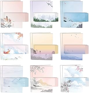 Better Office Products Japanese Watercolor Stationery Paper Set, 100 Piece Set (50 Sheets + 50 Matching Envelopes), Letter Size 8.5 x 11 inch, 9 Designs, Double Sided Printing Paper,