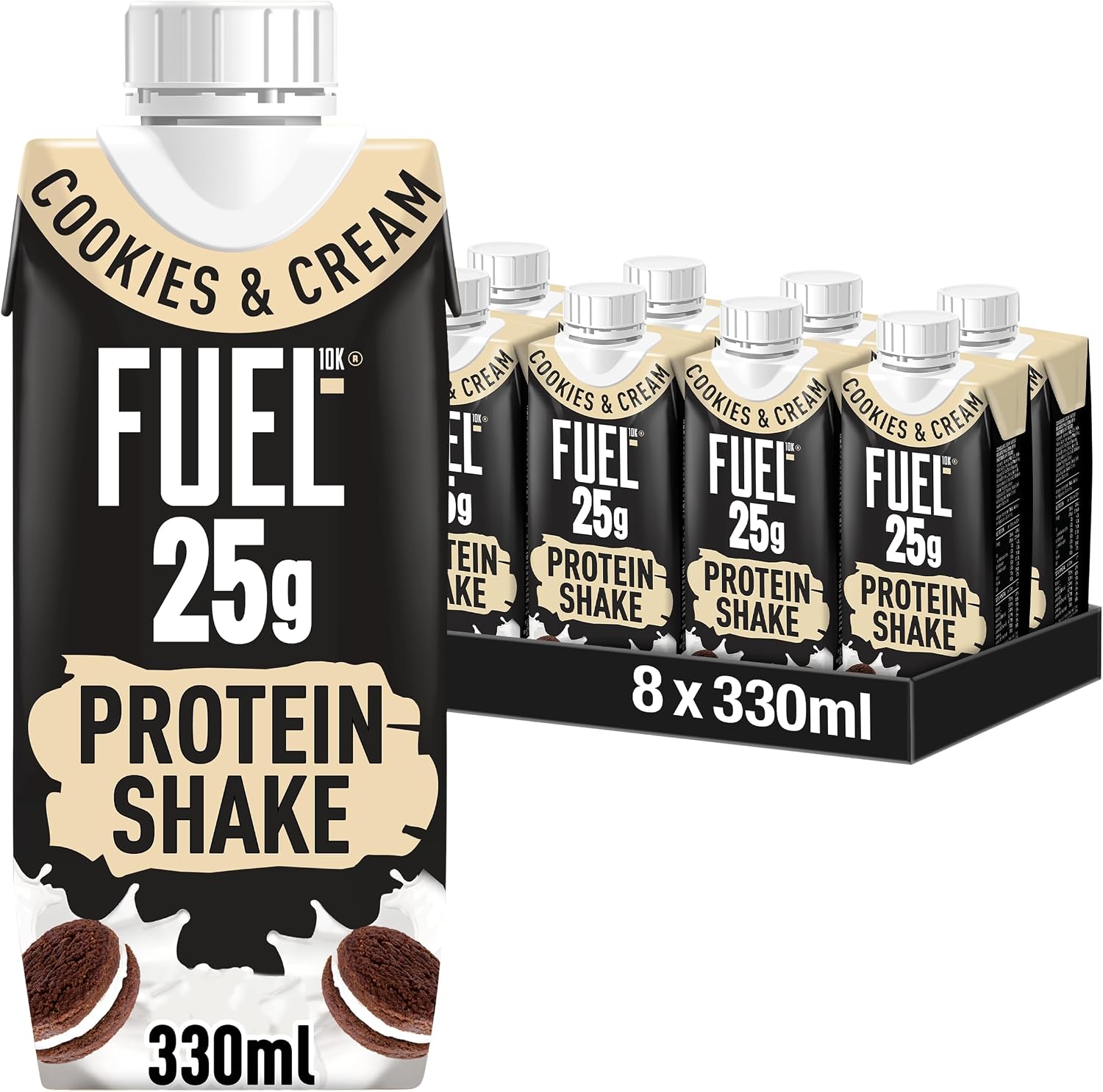 FUEL10K Cookies & Cream High Protein Shake, 330 ml (8-Pack) | 25g Protein per Shake, High in Fibre, Convenient Meal Replacement, Ideal for Post-Workout & Busy Lifestyles