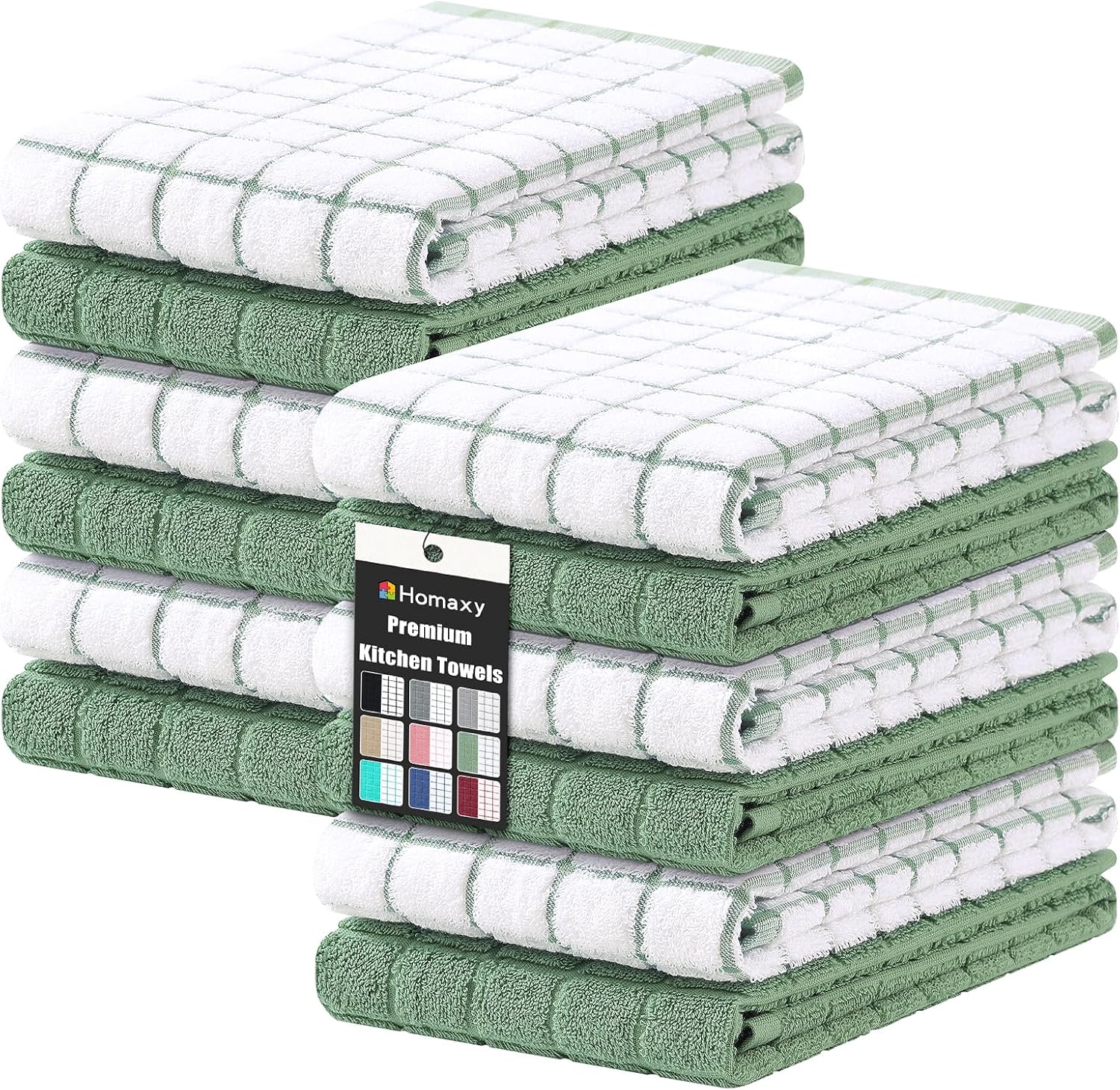 Homaxy Premium Cotton Kitchen Towels 16"x 28", Large Natural Ring Spun 390 GSM Dish Towels, Super Absorbent Terry Kitchen Hand Towels, Soft Tea Towels with Hanging Loop, Grass Green Check, 12 Pack