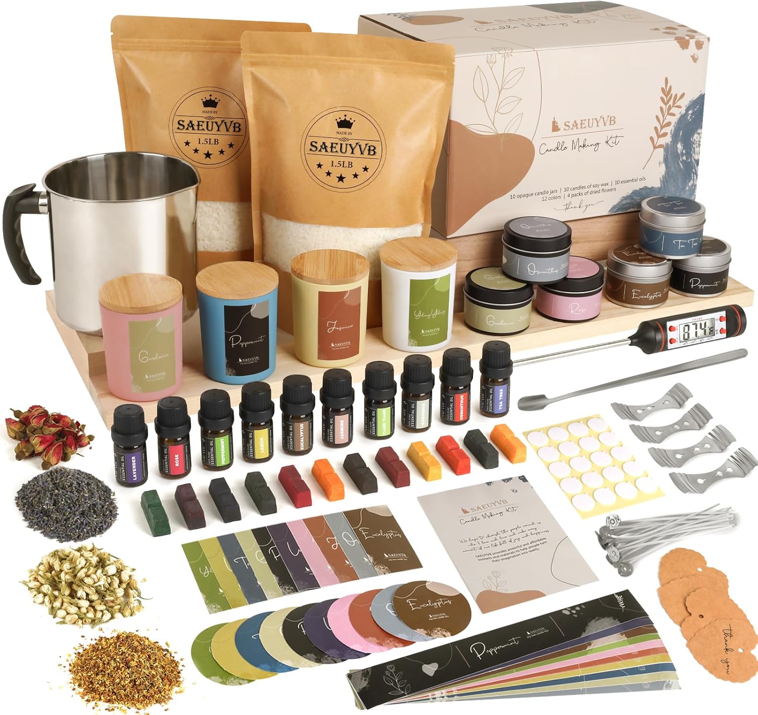 SAEUYVB Candle Making Kit - DIY Starter Soy Candle Making Supplies/Kit - Soy Wax, 10 Jars & Tins, 10 Pleasant Scents, Color Dyes & More，Perfect Candle Making Kit for Adults