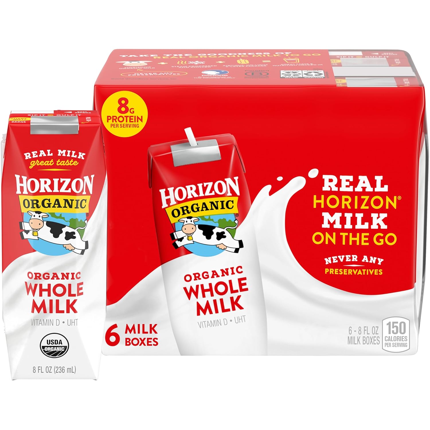 Horizon Organic Shelf Stable Whole Milk Boxes, USDA Certified Organic UHT Milk from Pasture-Raised Cows, No Refrigeration Required, 8 fl oz, 6 Count​