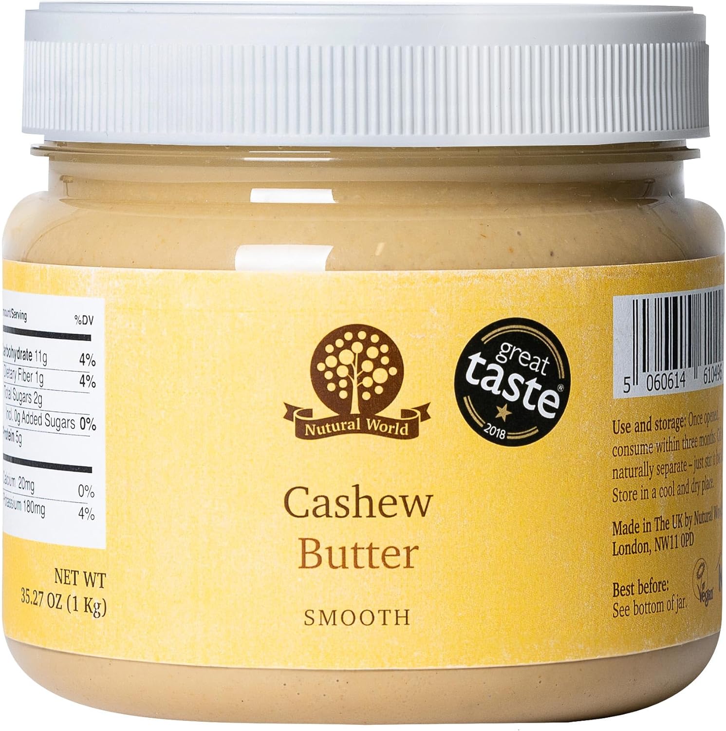 Nutural World - Smooth Cashew Nut Butter (1kg) - Great Taste Award Winner - 100% pure single ingredient