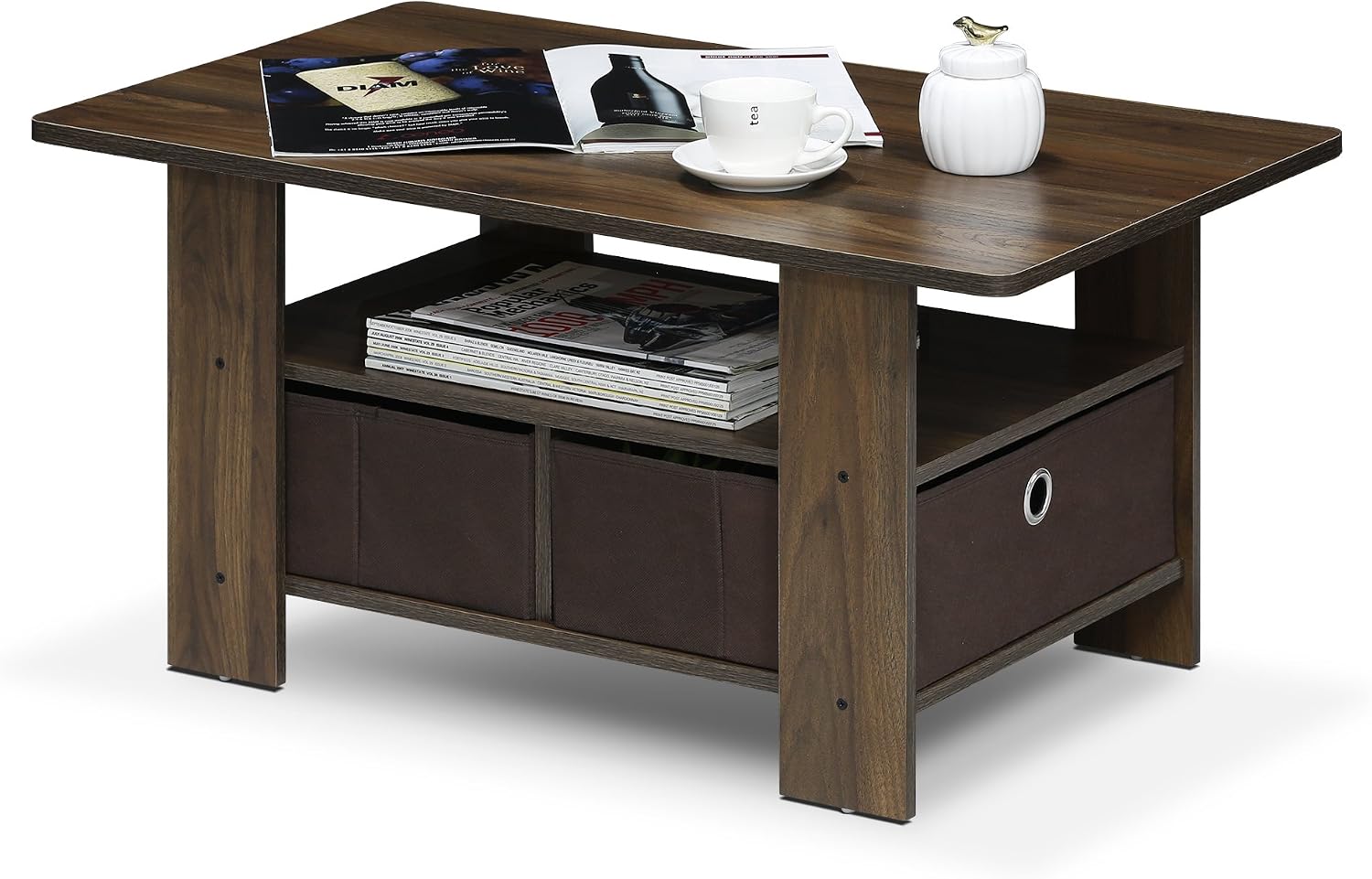Furinno Andrey Coffee Table with Bin Drawer, Columbia Walnut/Dark Brown