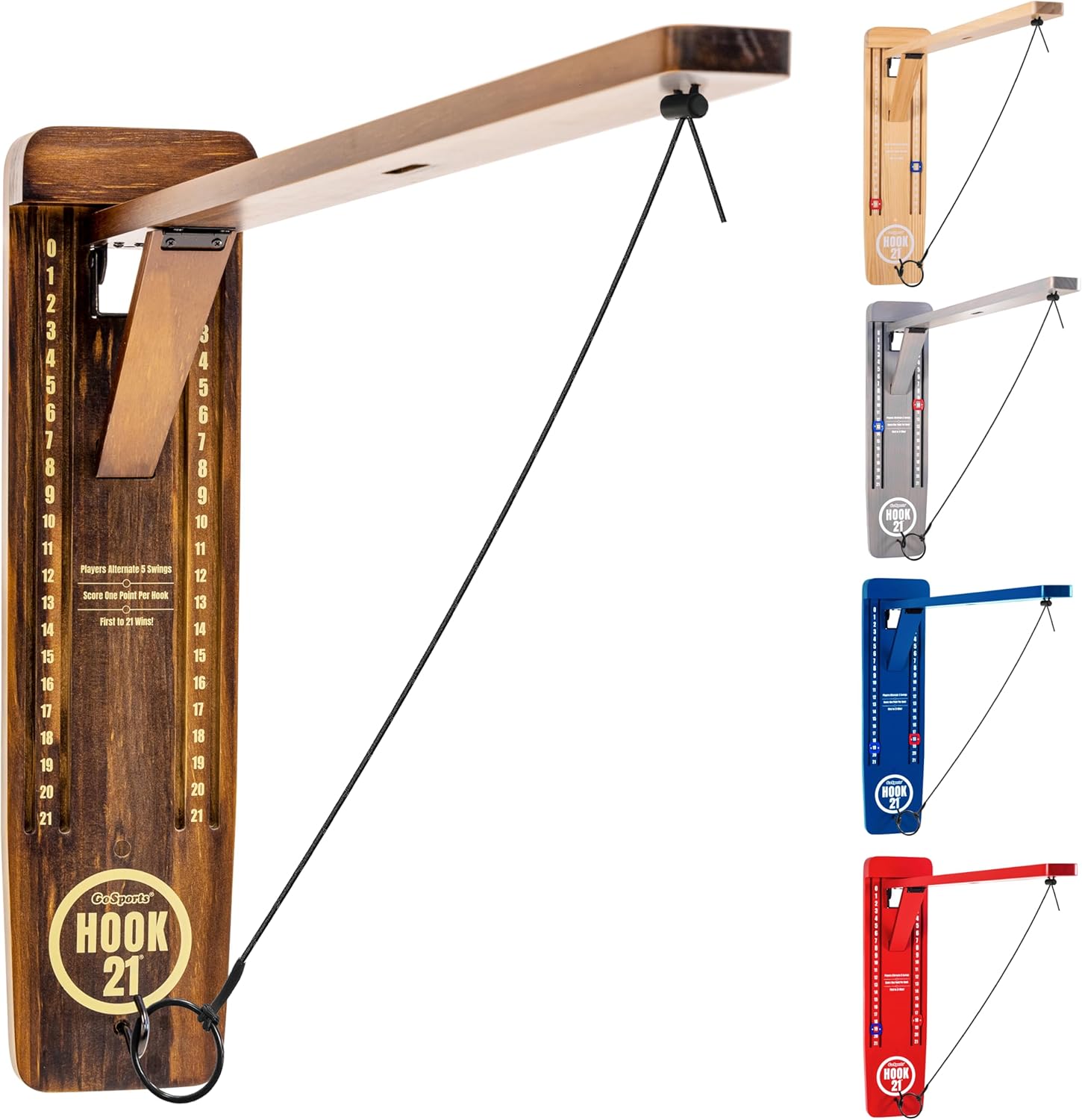 GoSports Hook 21 Wall Mount Ring Swing Game - Play Indoors or Outdoors with Foldable Arm