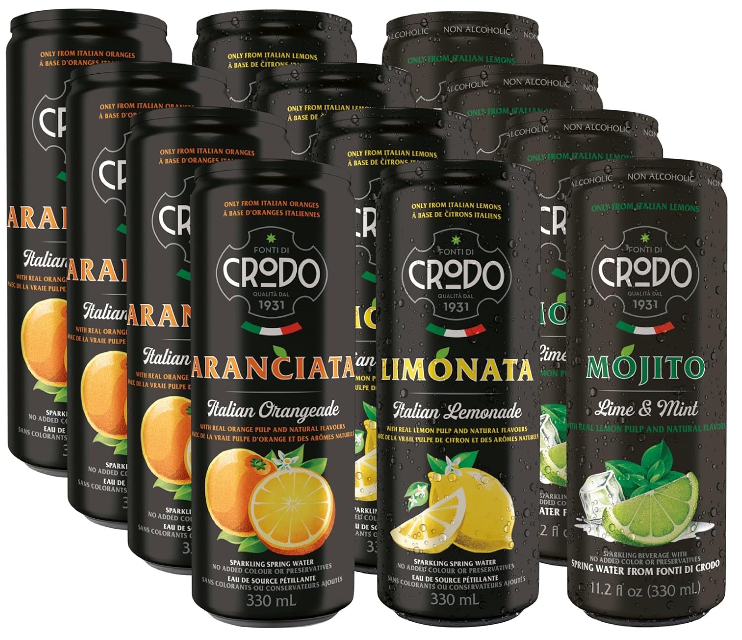 Niro Assortment | Fonti Di Crodo Variety | 3 Flavor Assortment | 4 Cans of Each Flavor- Limonata, Mojito, and Aranciata | 12 Cans Total | Includes Niro Can Sleeve
