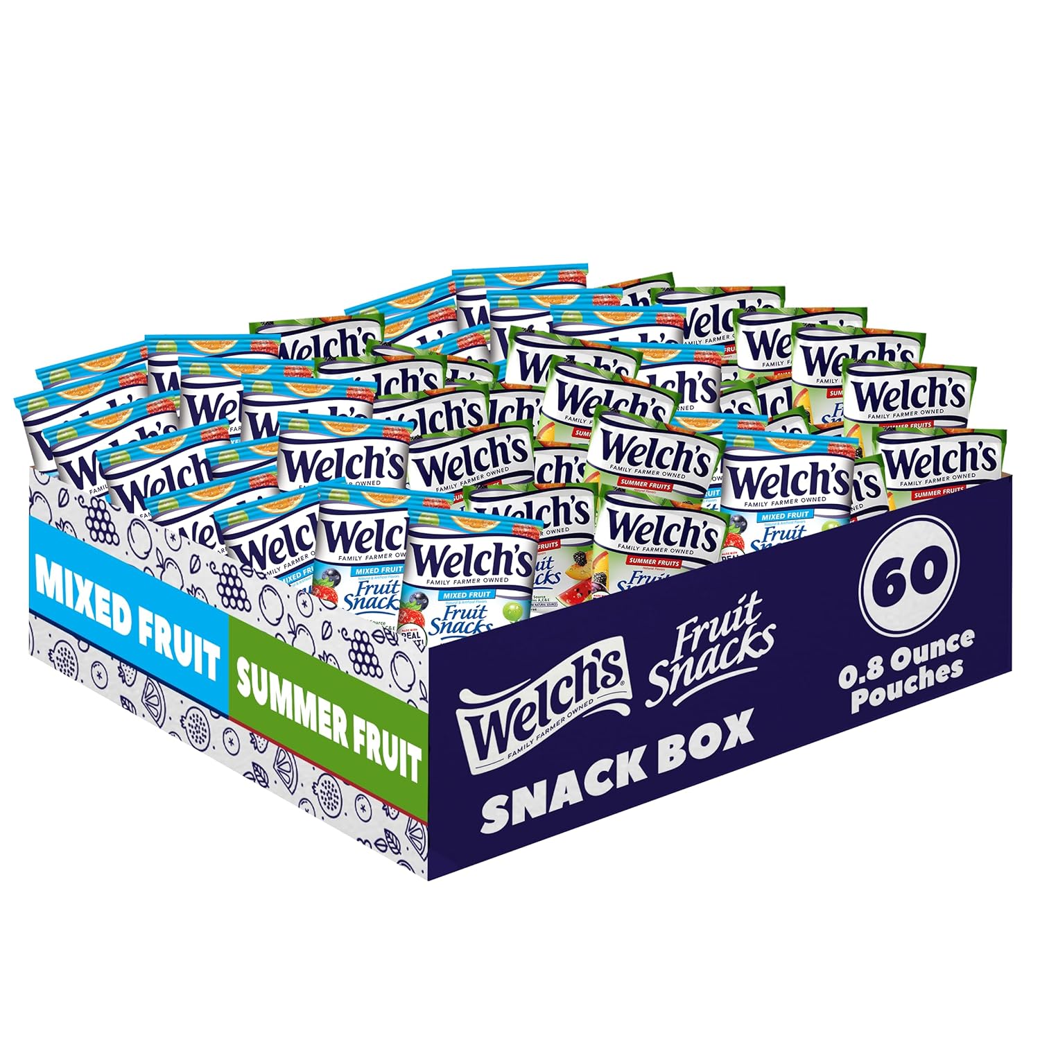Welch's Fruit Snacks, Mixed Fruit & Summer Fruits Variety Pack, Great for School Lunches, Bulk Pack, Individual Single Serve Bags, 0.8 oz (Pack of 60)