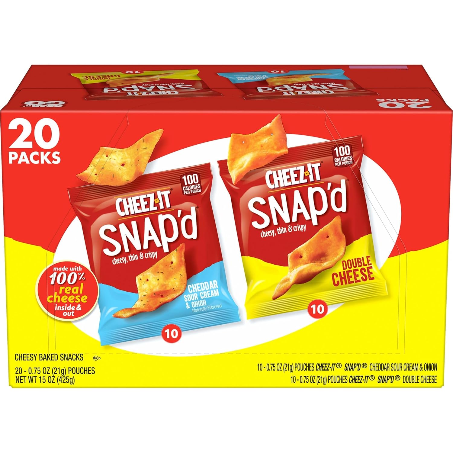 Cheez-It Snap'd Cheese Cracker Chips, Thin Crisps, Lunch Snacks, Variety Pack, 15oz Box (20 Packs)