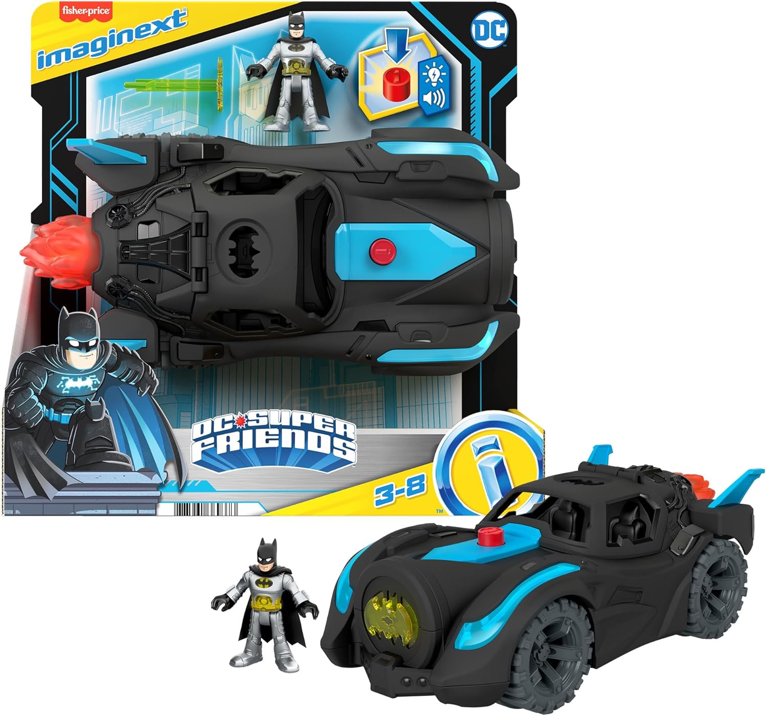 Fisher-Price Imaginext DC Super Friends Batmobile with lights and sounds, Batman toys for preschool play ages 3 years and up, HGX96