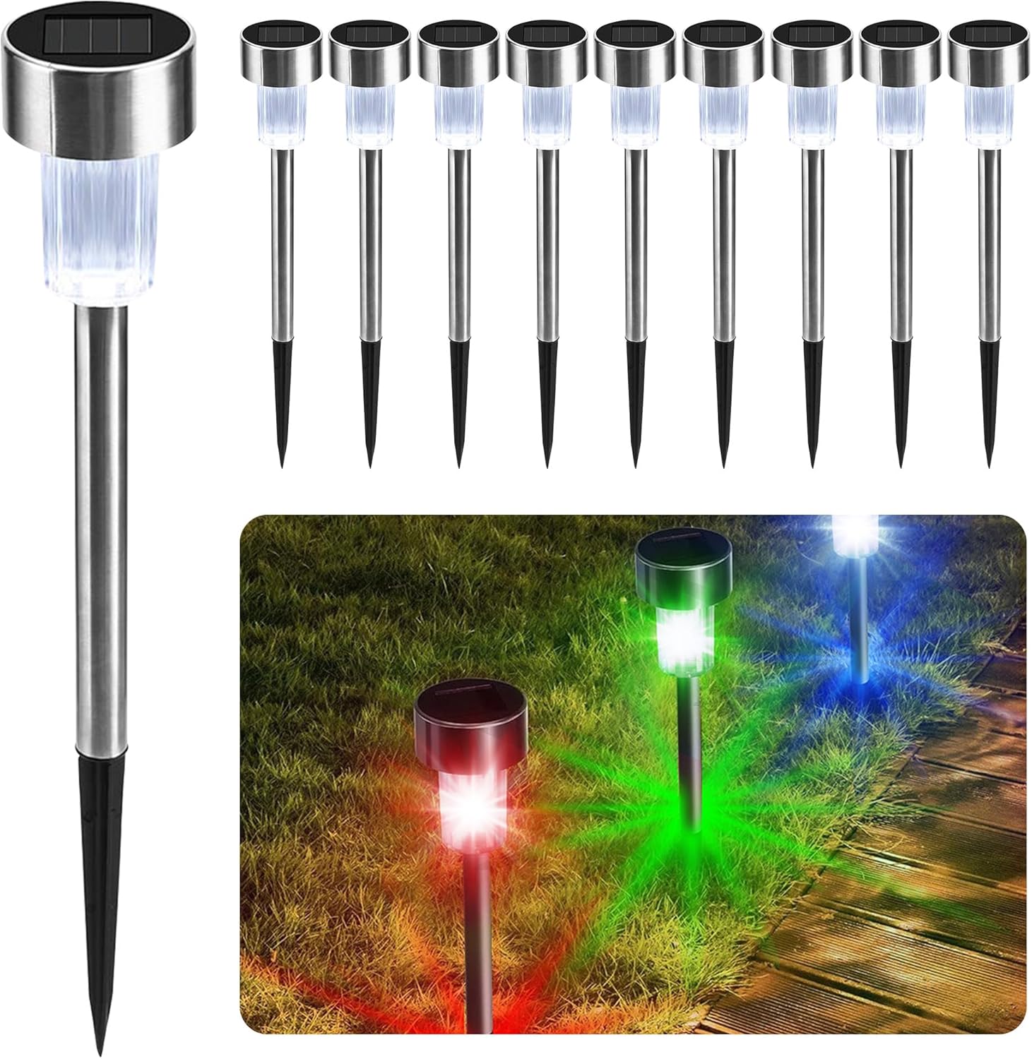 CUQOO Solar Garden Stake Lights – 10 Pack Colour-Changing LED, Weatherproof Stainless Steel Solar Lights for Outdoor Pathway Lighting – Rechargeable with Automatic Night Activation [Energy Class A+]
