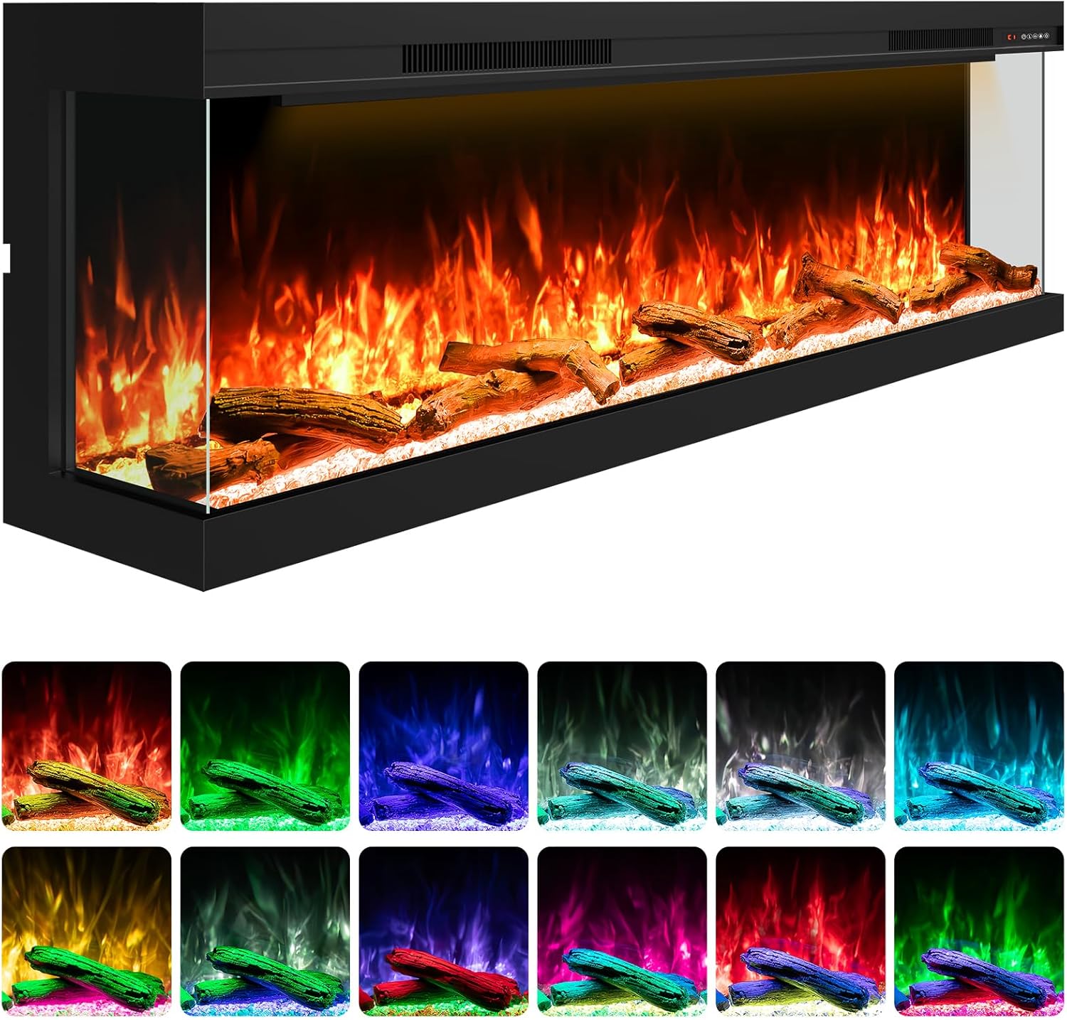 70" 3 Sided Electric Fireplace Insert, Smart 3D Linear Built-in Fire Place, Multi-Color of Flame Combinations, Heater 1500W, APP & Remote Control, Cracking Sound, 9H Timer, Crystal & Log