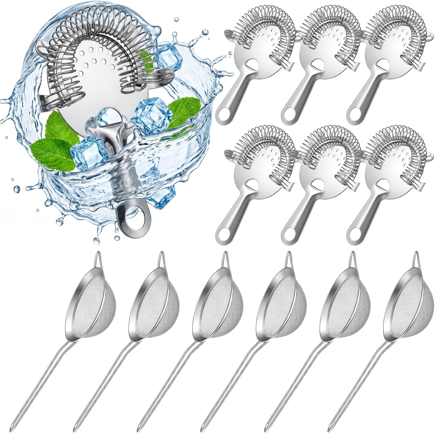 12-Piece Stainless Steel Cocktail Strainer Set，6 Fine Mesh Cone Sieves & 6 Four-Prong Hawthorne Strainers for Professional Bartending, Tea, Coffee, and Juice Filtering