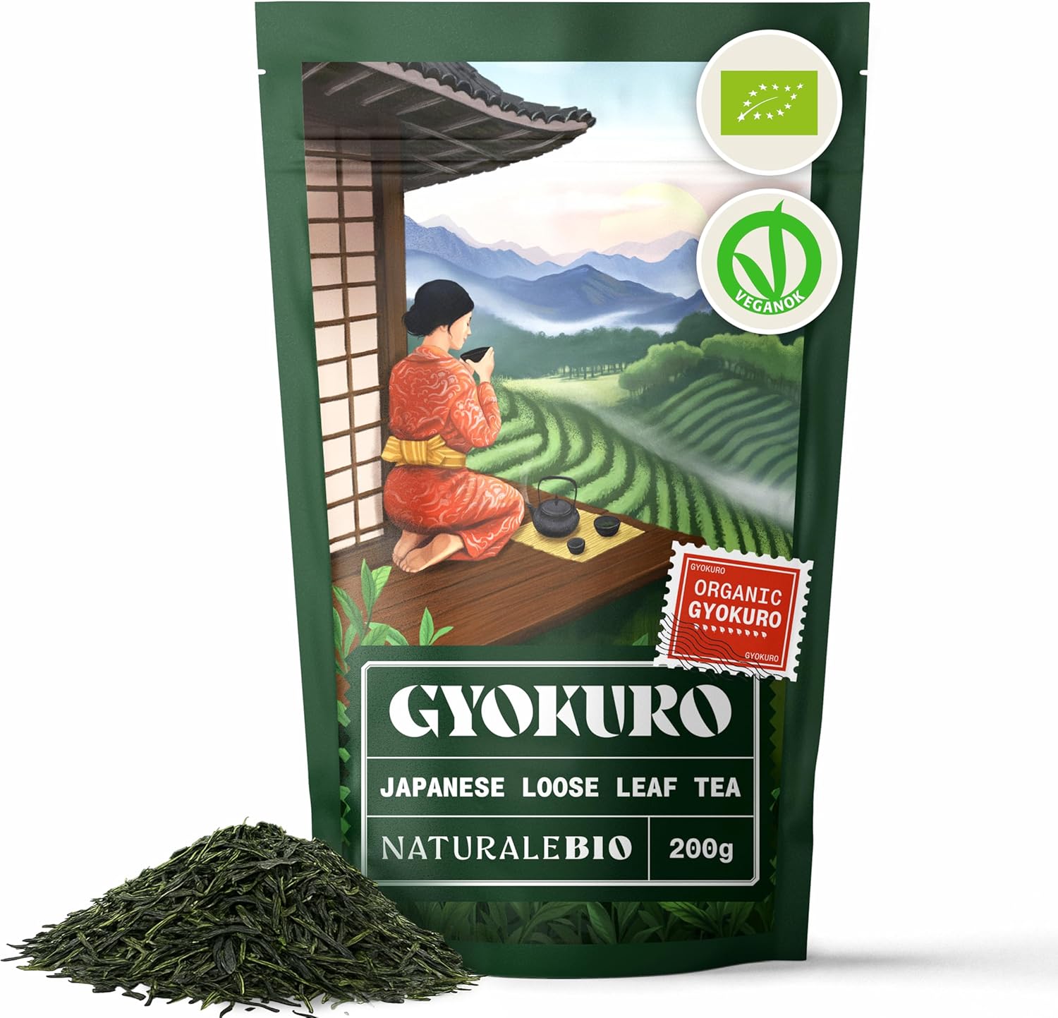 NaturaleBio Organic Japanese Gyokuro Green Tea. 200g Loose Leaf bag. First Harvest Leaves cultivated in Japan. 100% Natural and Pure.