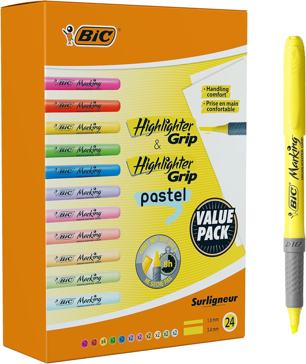 BIC Highlighter Grip & Highlighter Grip Pastel, Perfect For The Classroom, Office, Or Christmas, Assorted Colours, Pack of 24 [Amazon Exclusive]