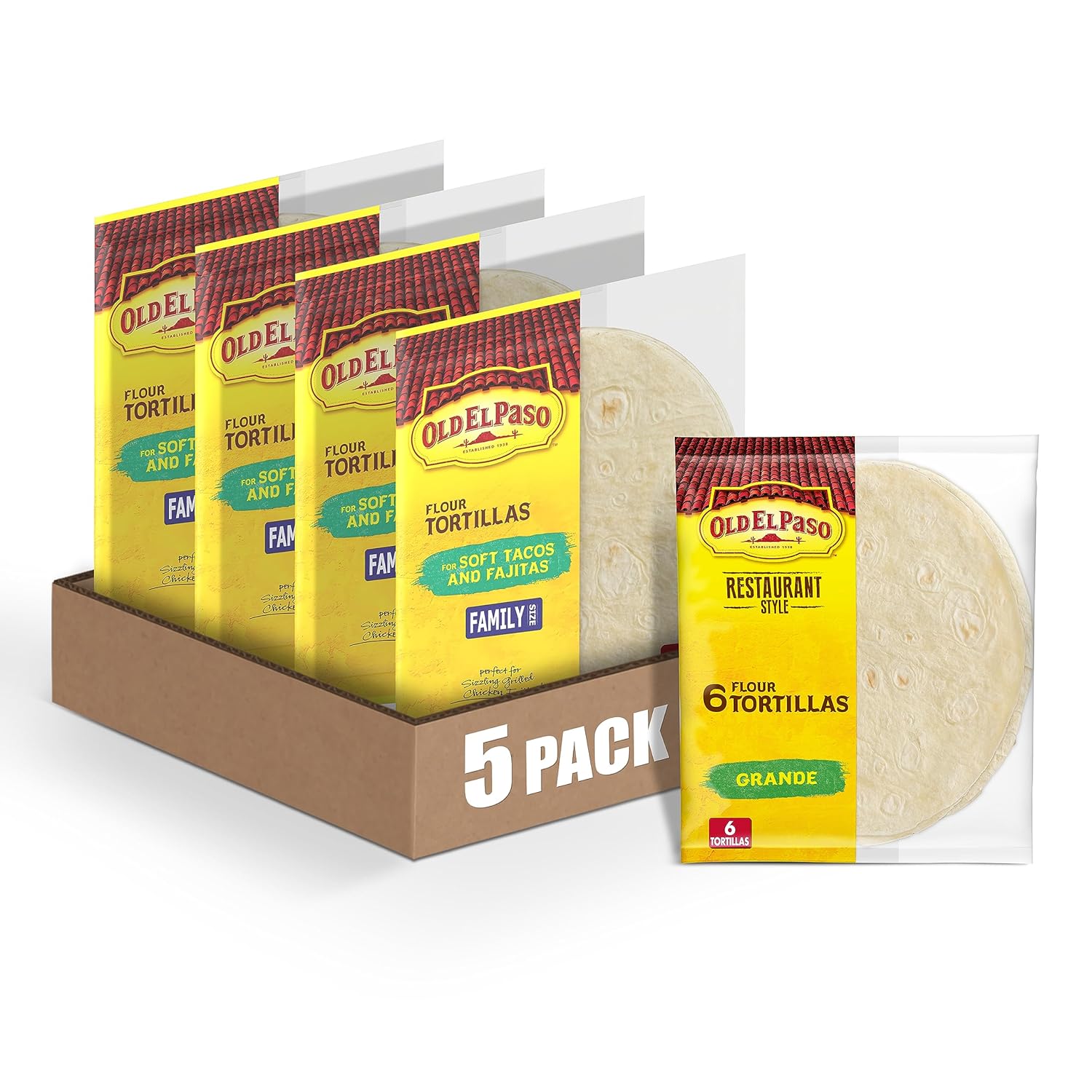 Old El Paso Restaurant Style Grande Flour Tortillas, Meal Prep, 6 Ct, 21.5 oz (Pack of 5)