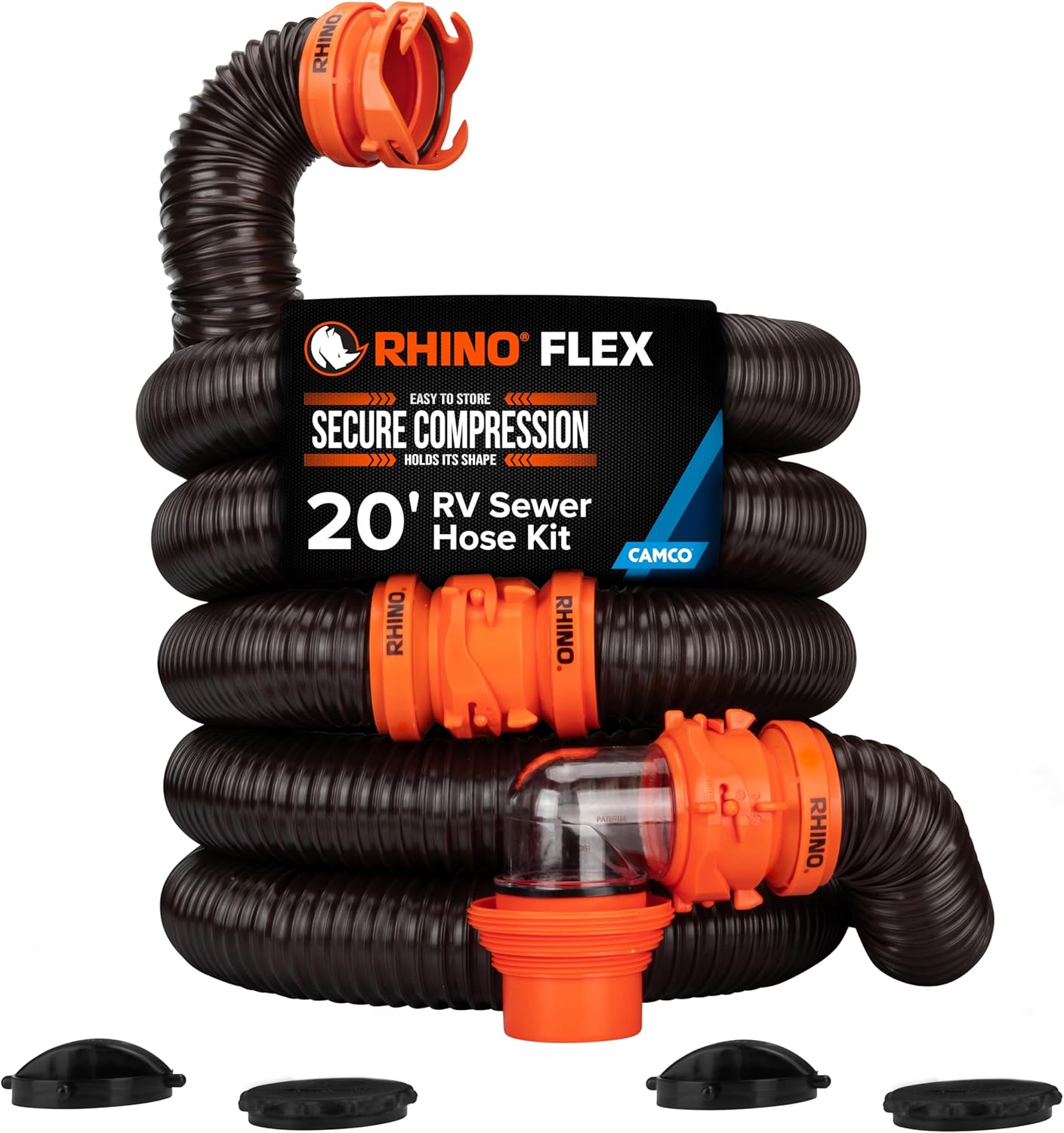 Camco RhinoFLEX 20-Ft RV Sewer Hose Kit - Features Clear Elbow Fitting w/Removable 4-in-1 Adapter - Connects to 3” Slip or 3”/3.5”/4” NPT Threaded Sewer Connection (39742) | (2) 10-ft reinforced sewer hoses, clear elbow, 360° swivel fittings and sewer adapter; fits in standard 4" RV bumper (39742)