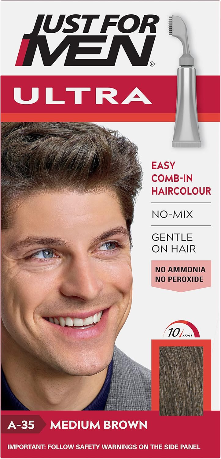 Just for Men Ultra Medium Brown Hair Colour Dye For Short Hair, Comb Away The Greys – A35